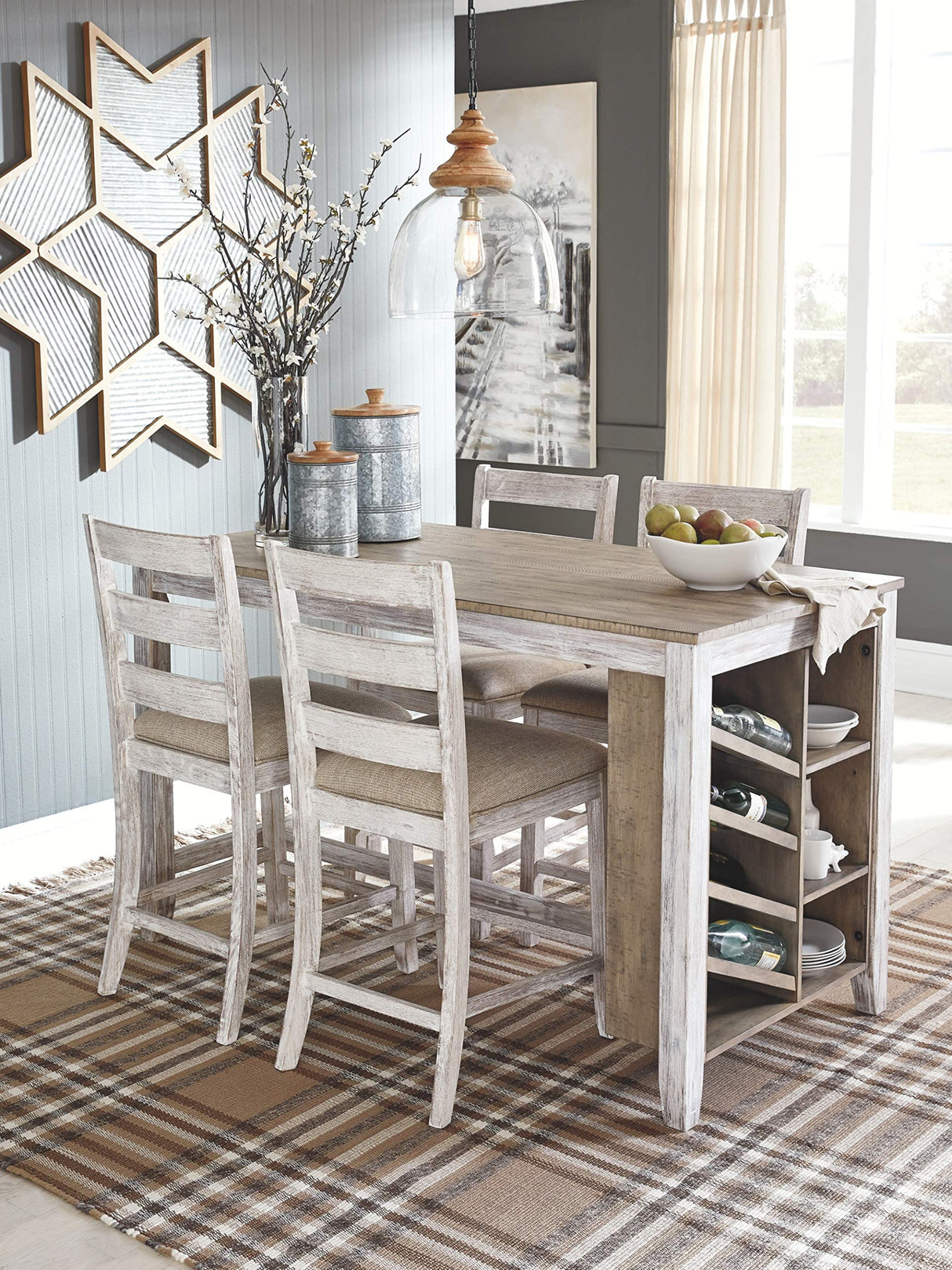 Signature Design by Ashley Skempton Farmhouse 36" Counter Height Dining Table with Storage & Wine Rack, Whitewash Signature Design by Ashley