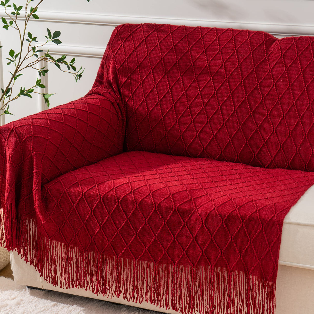 BATTILO HOME Christmas Decor Red Throw Blanket for Couch, Boho Bed Throws for Foot of Bed, Decorative Red Throws for Sofa Living Room, 50"x60" BATTILO HOME