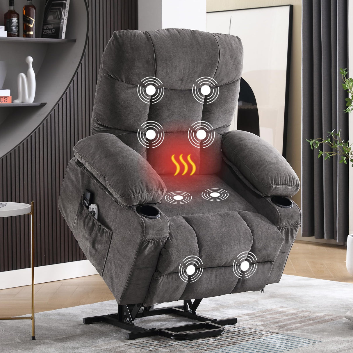 MAHOMICO Power Lift Recliner Chair for Elderly with Vibration Massage and Lumbar Heating, Electric Lift Recliner Single Sofa with Side Pocket, Two Cup Holders and USB Charge Port for Living Room MAHOMICO