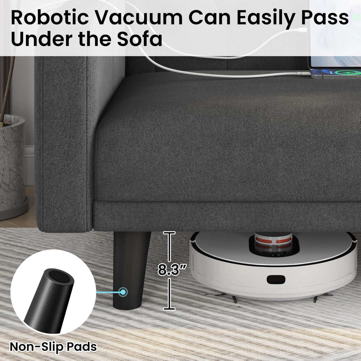 Yaheetech 63" Convertible Couch Small Futon Sofa Bed with 2 USB Ports, Reclining Backrest & Removable Armrests, Mid Century Modern Loveseat for Living Room, Apartment, Office, Dark Gray Yaheetech