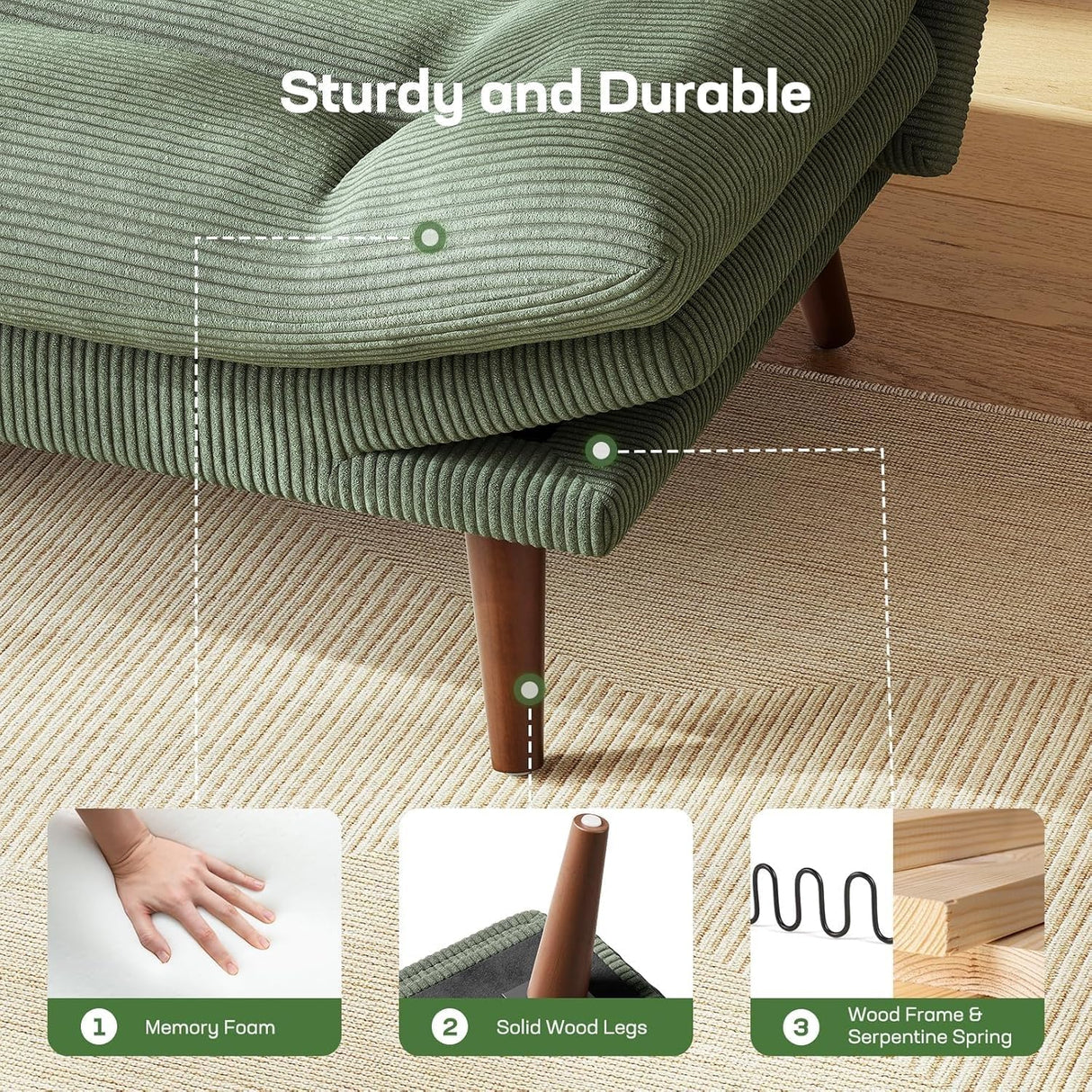Marsail Futon Sofa Bed, Futon Couch with Adjustable Backrest & Armrests, Convertible Small Sleeper Sofa Bed for Small Apartments, Study Room, Office, Corduroy Loveseat, Green Marsail