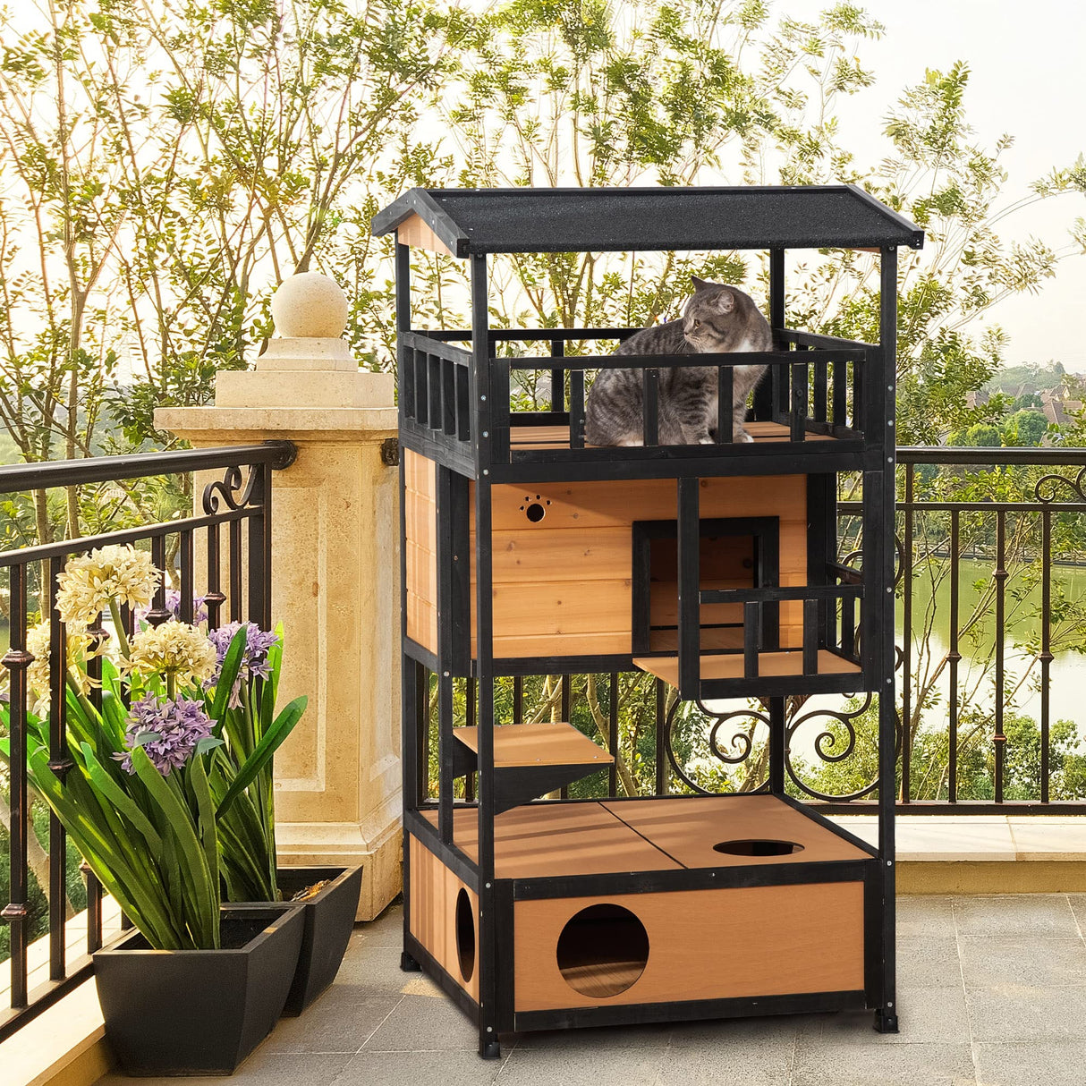 PawHut Wooden Outdoor Cat House, Feral Cat Shelter Kitten Condo with Asphalt Roof, Escape Doors, Condo, Jumping Platform, Yellow PawHut