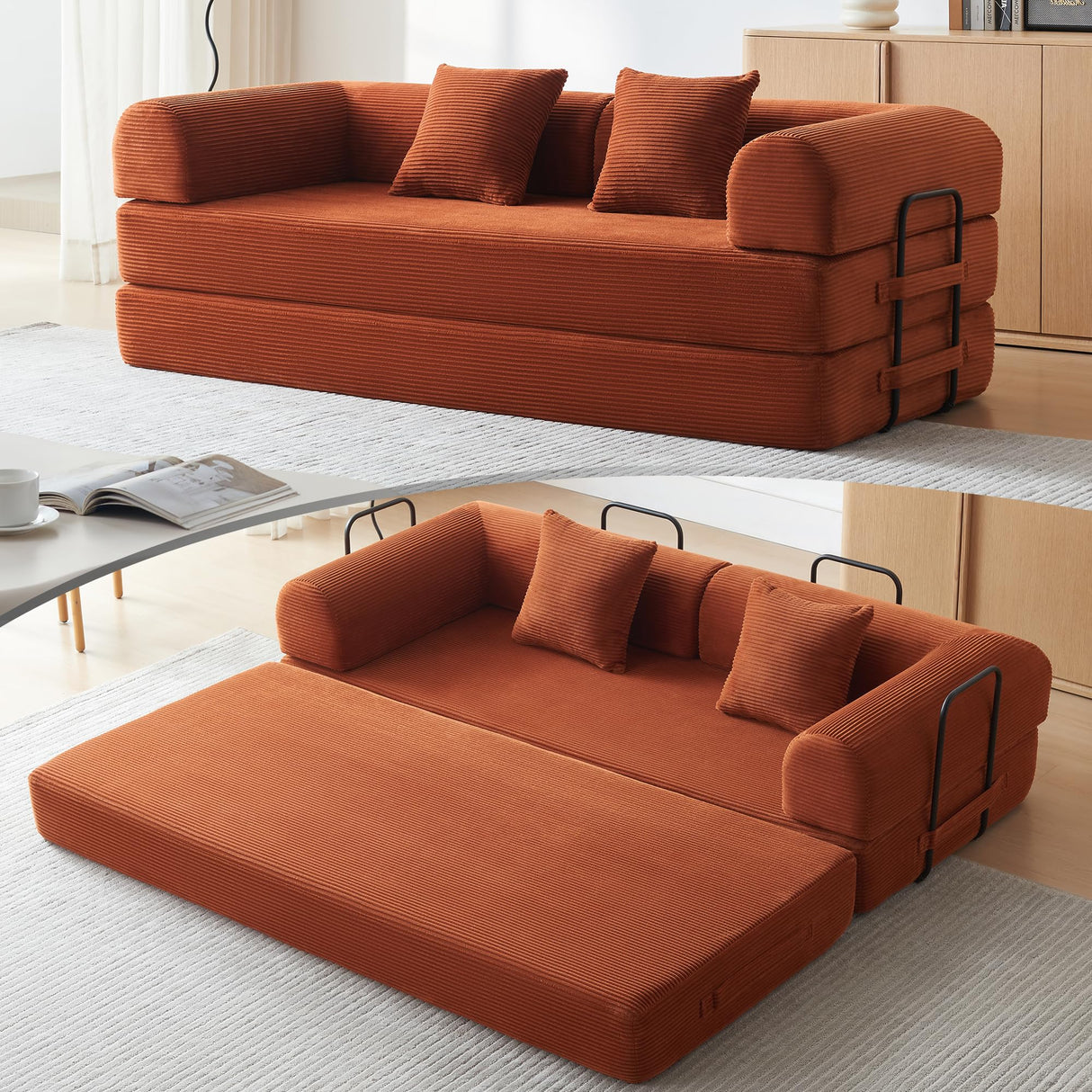 QQR Convertible Sleeper Sofa Bed with Cylindrical Pillow, Modern Corduroy Futon Bed, Modular Sofa with Pull-Out Bed, Love Seat Sleeper for Living Room, Small Space Apartment, Office (Orange) QQR