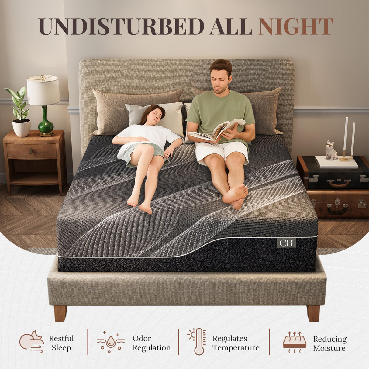 CH CHARME HOUSE 14 Inch Full Mattress, Bamboo-Charcoal Memory Foam Mattress, Cooling & Pressure Relief, Bed in a Box, Foam Made in USA & CertiPUR-US Certified, 54'x75'x14', Black CH CHARME HOUSE