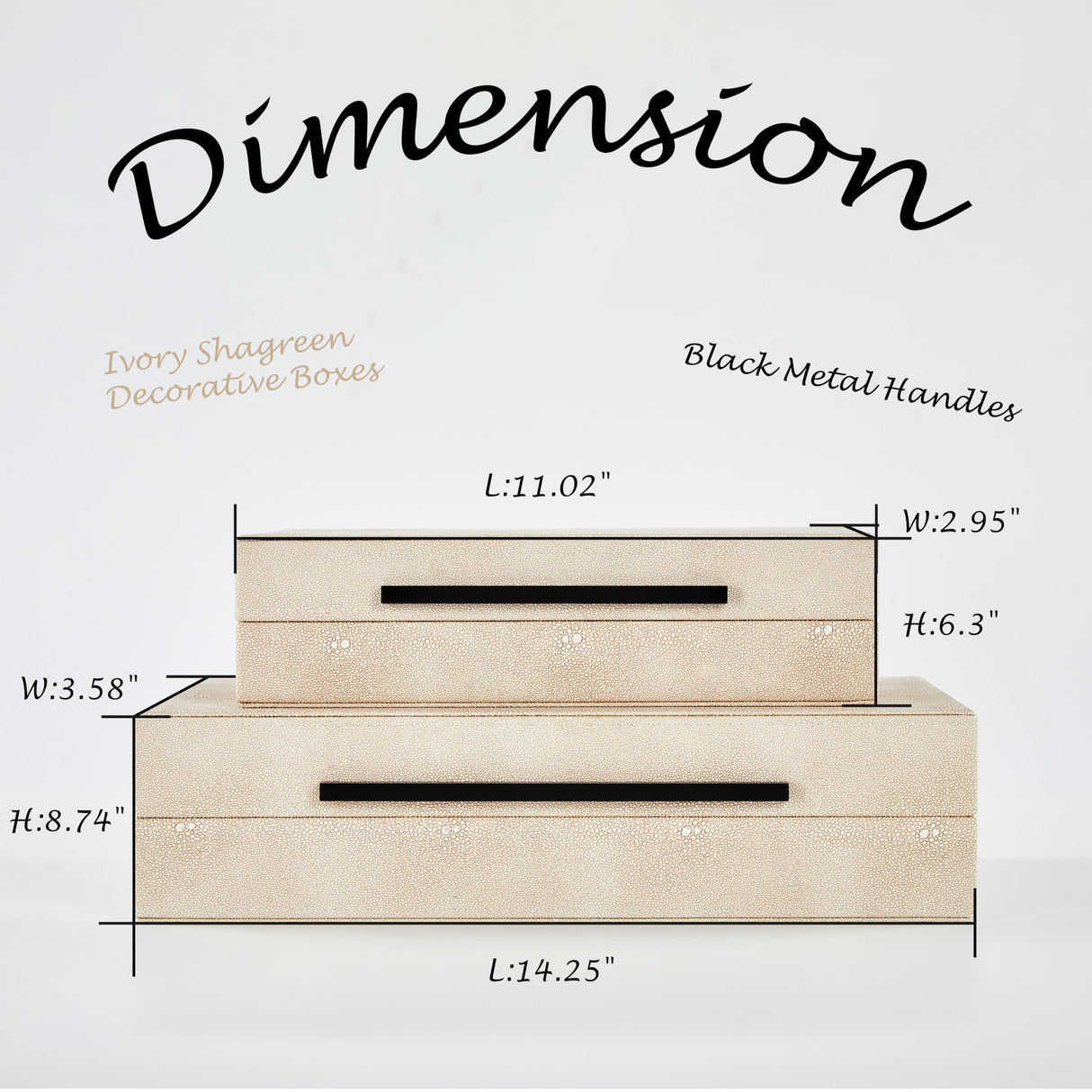 Denique Shagreen Decorative Boxes Set of 2, Leather Jewelry Storage Box Modern Storage Boxes with Lids, Ivory Stacking Boxes with Black Metal Handles Home Organizer Box Denique