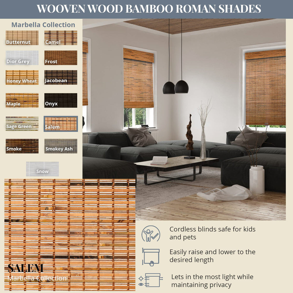 CHICOLOGY Bamboo Blinds, Bamboo Shades, Custom Bamboo Shade, Cordless Bamboo Shades, Window Shade Roman, Patio Blinds and Shades, Porch Shades Outdoor Roll Up, Salem, 31" W X 64" H CHICOLOGY