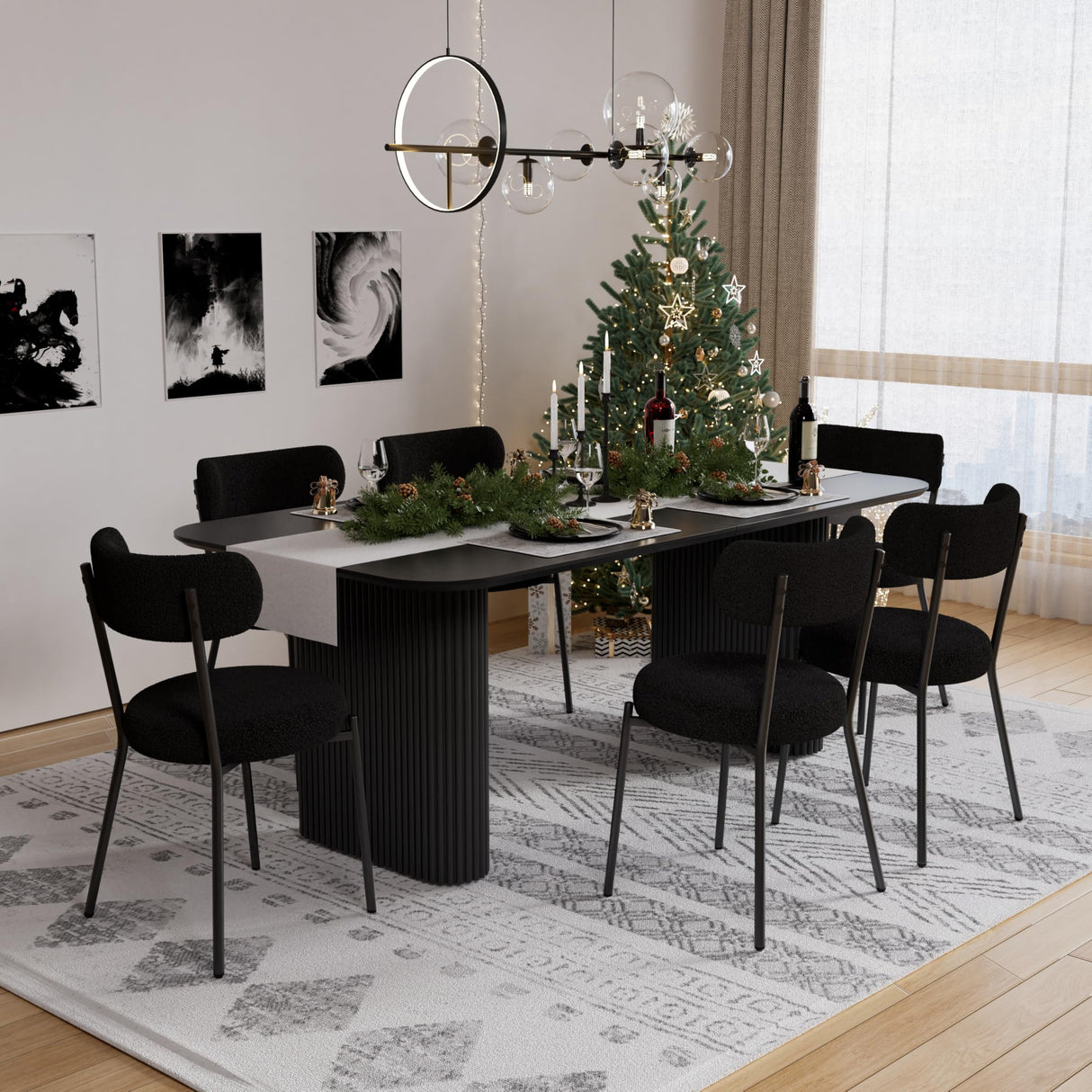 RGZ Modern Oval Dining Table Set for 6, 7 Piece Dining Table and Chairs Set with Black Kitchen Table & 6 Black Upholstered Boucle Chairs, Dining Table for Dining Room, Kitchen, Living Room RGZ