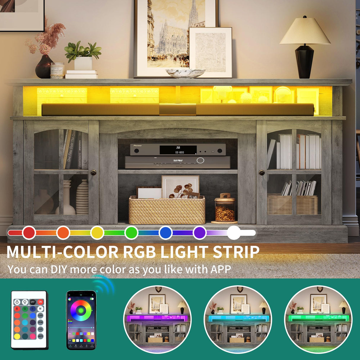 YITAHOME LED Farmhouse TV Stand for TV up to 75 Inch w/Outlets, Highboy Media Entertainment Center Console Table Adjustable Storage Shelves &Cabinet Glass Door for 360lbs for Living Room, Rustic Grey YITAHOME