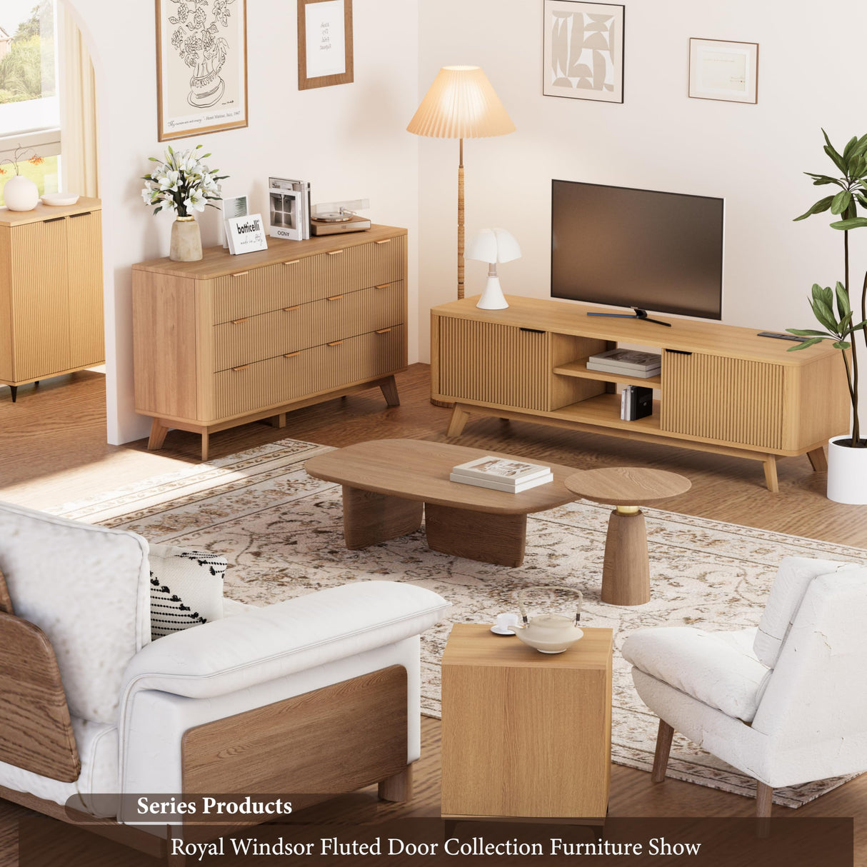 Royal Windsor 6 Drawer Dresser with Fluted Panel, Modern Chest of Drawers for Living Room, Wide Wooden Closet Dresser TV Stand with Ample Storage Space for Bedroom and Hallway, Natural Oak Royal Windsor