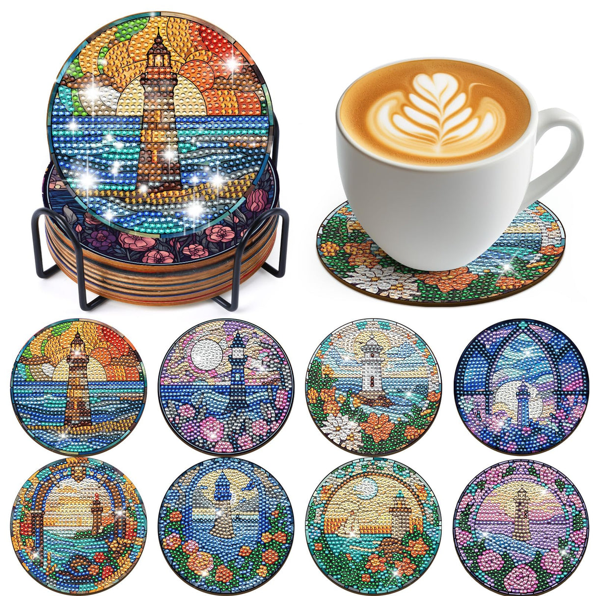 Sitsink Landscape Diamond Painting Coasters - 8 Pcs Lighthouse Diamond Art Kits for Adults, Gem Art Painting Coasters Kit with Holders Sitsink