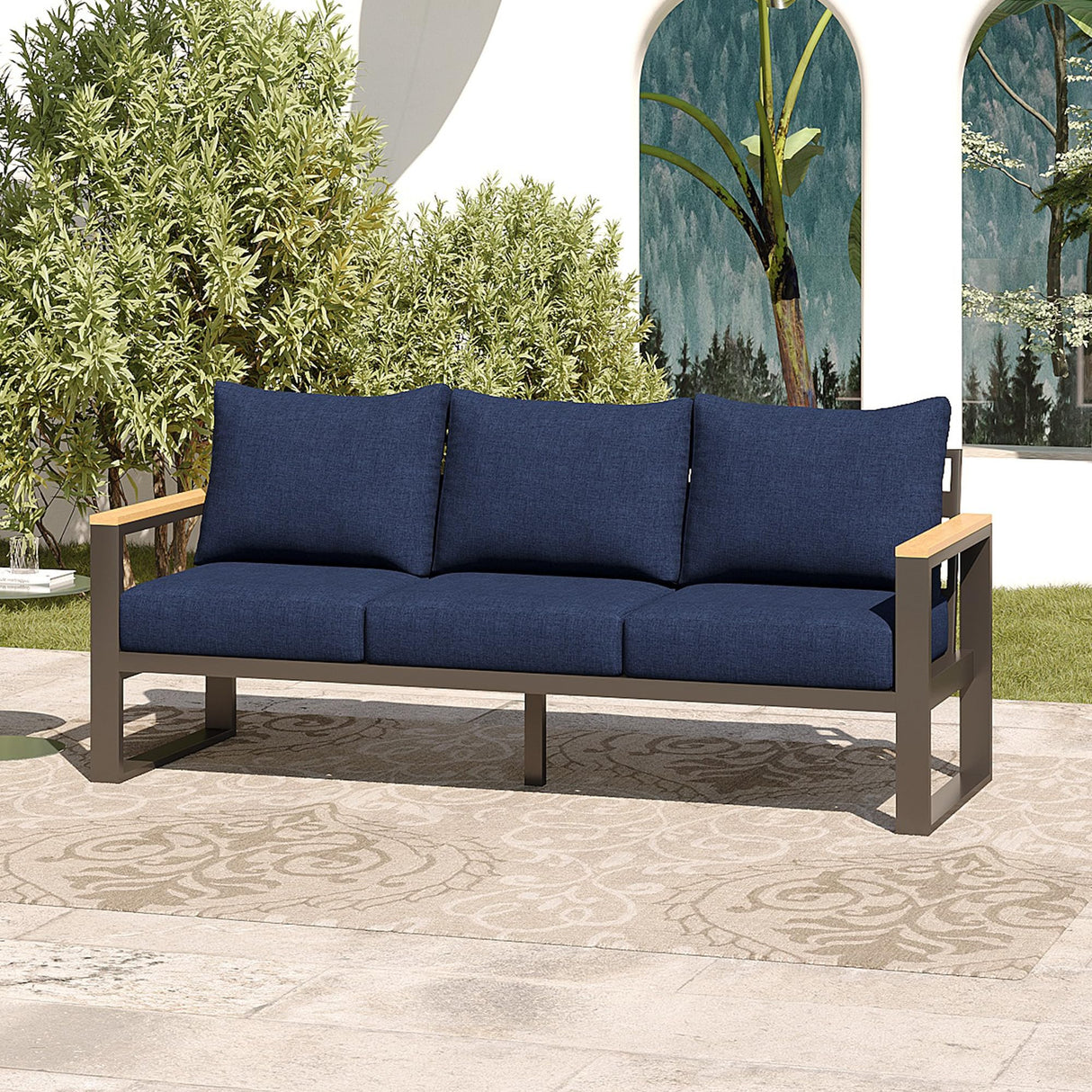 Sundale Outdoor Patio Furniture Aluminum Sofa, All-Weather 3-seat Outdoor Metal Sofa Couch with 6” Olefin Cushion & Dark Grey Frame, Outdoor Seating for Garden Deck Porch(Navy Blue) Sundale Outdoor