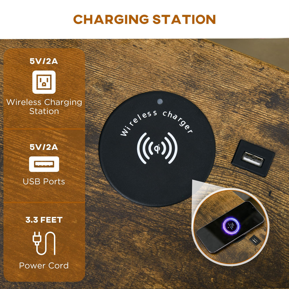 HOMCOM Side Table with Wireless Charging Station and 2 USB Ports, 2-Tier Small End Table with Storage, Drawer for Living Room, Rustic Brown HOMCOM