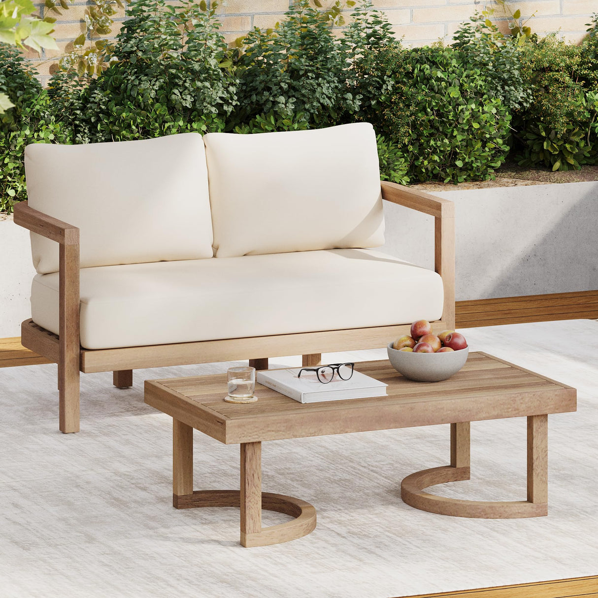 Merax 2-Piece Outdoor Acacia Wood Loveseat Sofa Couch with Coffee Table,Patio Furniture Conversation Set for Backyard Merax
