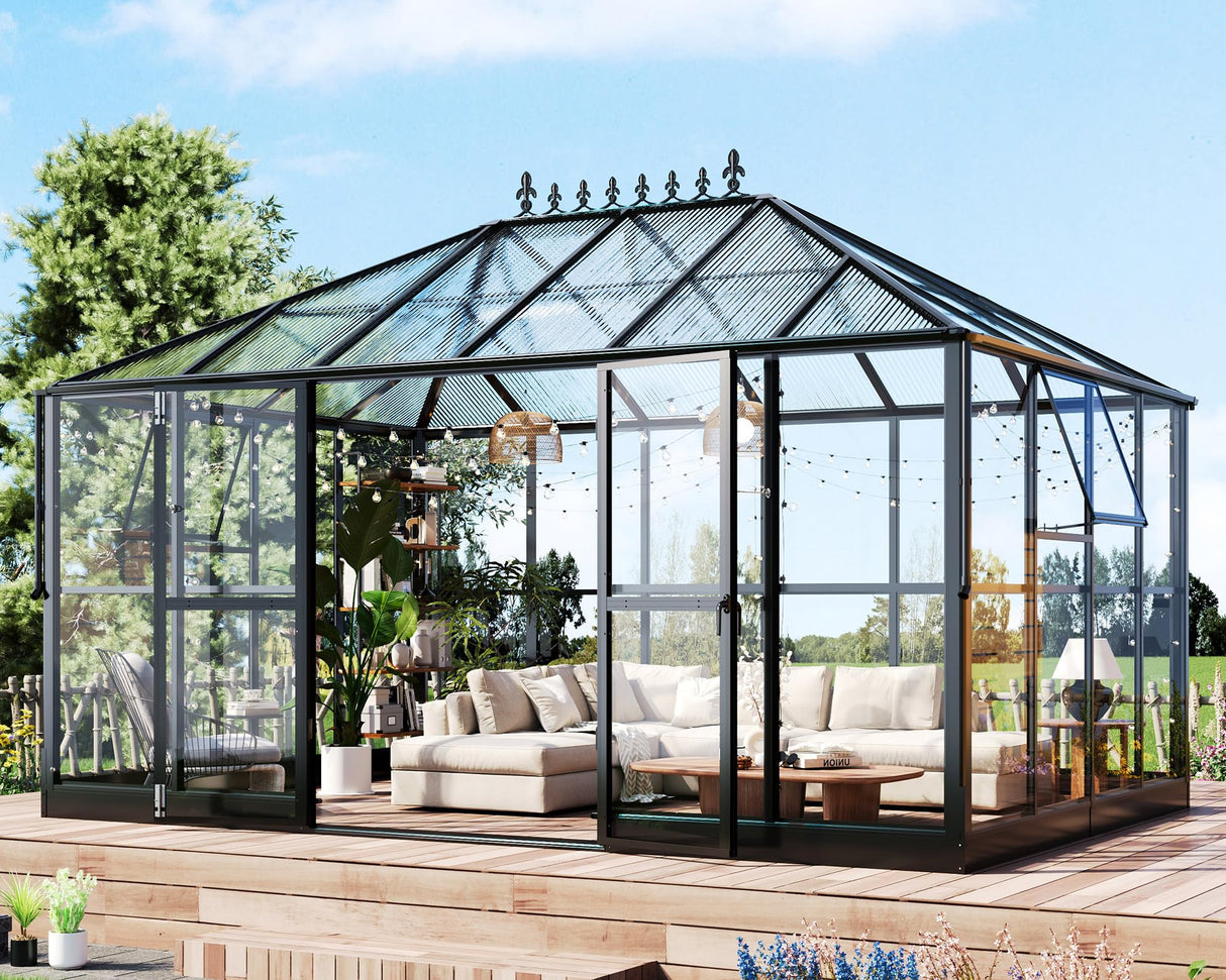 HOWE 14x9.5x9 FT Pavilion Styled Greenhouse with Clear Panels Double Swing Doors, 6 FT Wall Height Hybrid Polycarbonate Greenhouse, Green Houses for Outdoors, Sunroom Black HOWE