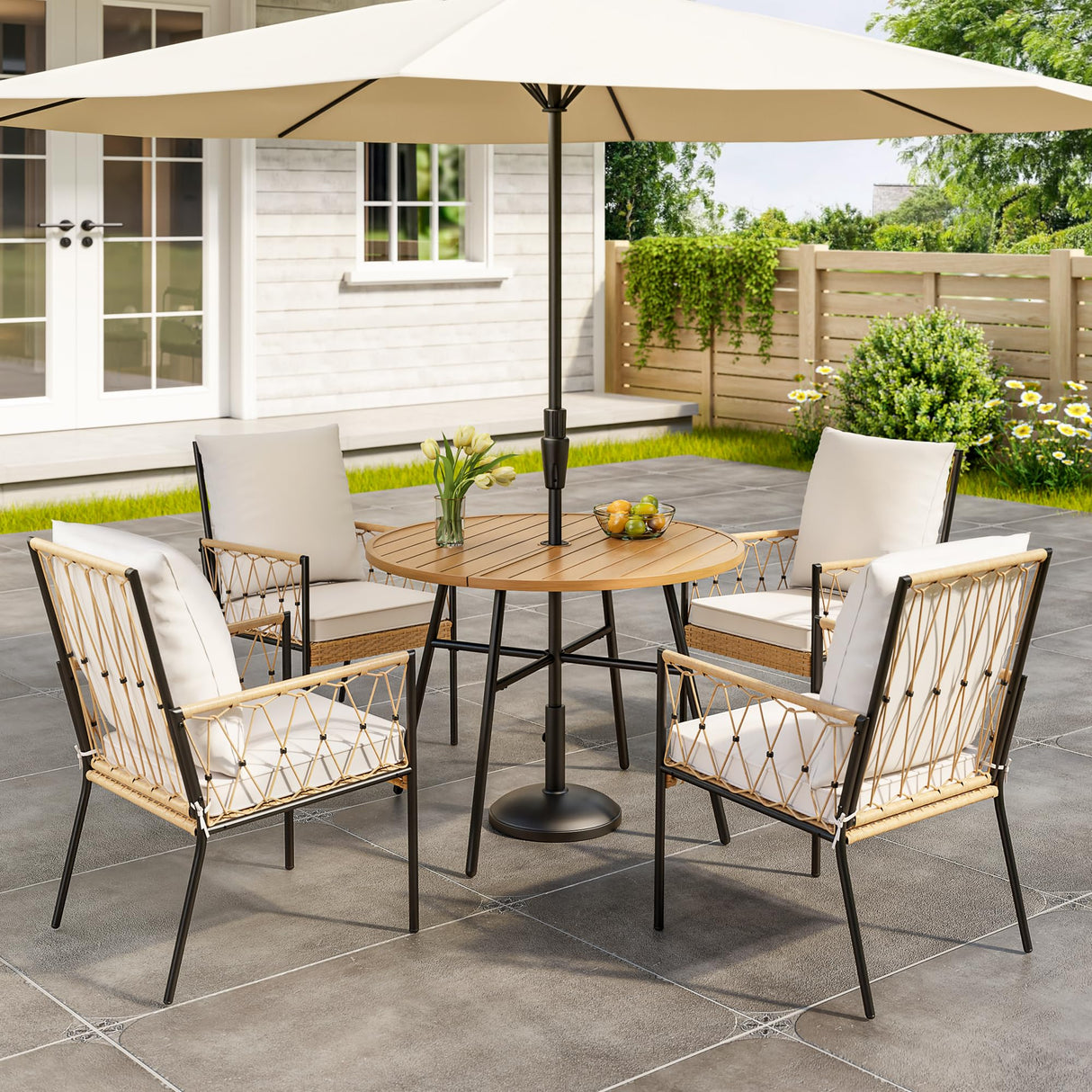 SUNCOZE Outdoor Patio Dining Table and Chairs Set, 5 Pieces PE Rattan Patio Furniture Set with Cushion and Umbrella Hole, Wicker Patio Conversation Sectional Sets for Porch, Backyard and Lawn, Beige SUNCOZE