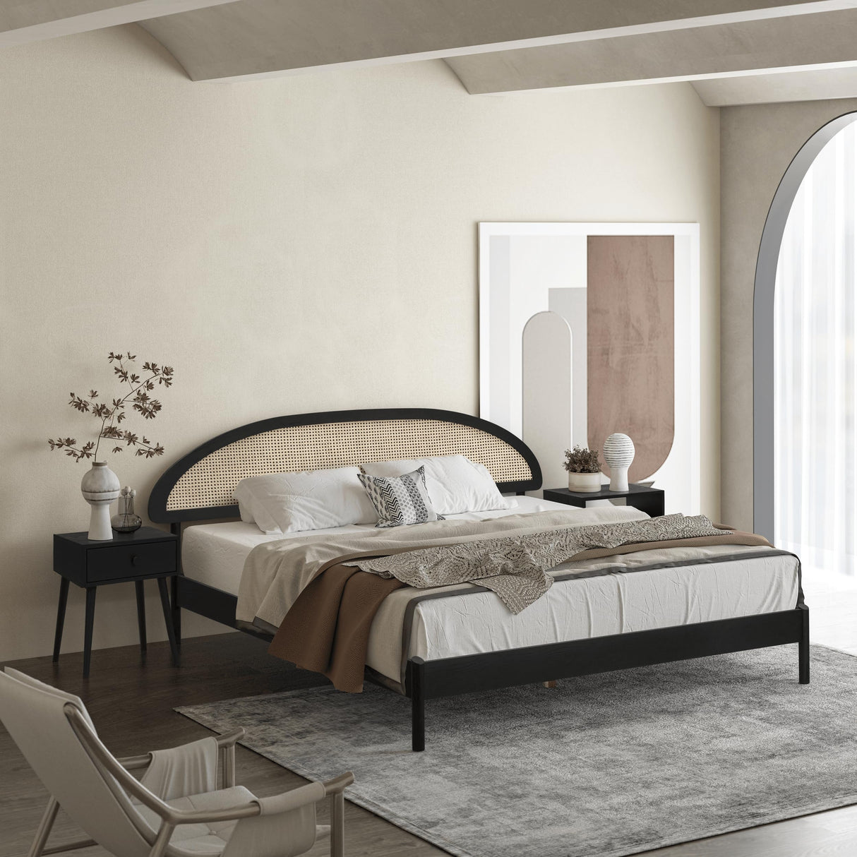 NTC Gem Wooden Bed Frame with Headboard and Natural Rattan, Solid Oak Foundation with Silent Slats, 1000 Lb Capacity, Effortless Assembly, King - Burnt Black NTC