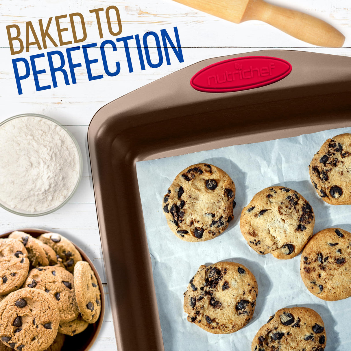 NutriChef 5-Piece Baking Pan Set - Carbon Steel Stackable Bakeware with Red Silicone Handles & Nonstick Coating, Includes Cookie Sheets, Roaster Pan with Lid, Loaf Pan, and 12 Cup Muffin Pan (Gold) NutriChef