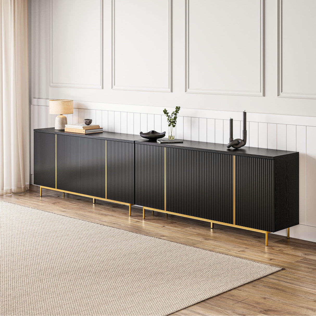 BELLEZE Sideboard Buffet Cabinet, 63" Storage Cabinet with Fluted Decorative Doors, Modern Console Table for Dinning Room, Kitchen & Living Room - Colemen (Ebony) BELLEZE