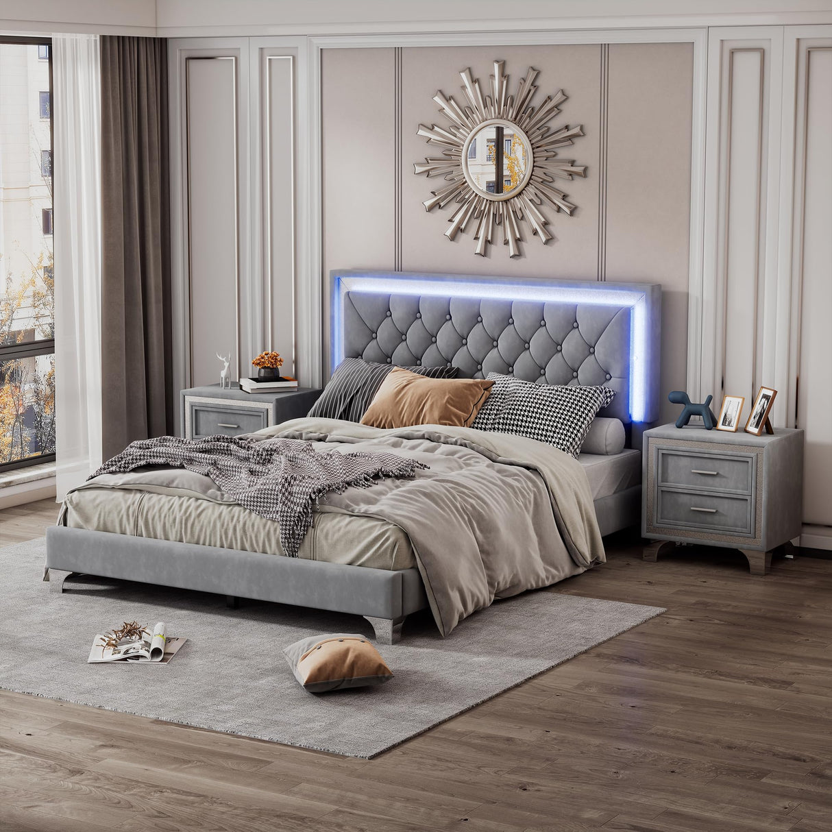 Elegant LED Velvet Platform Bed Frame with Tufted Headboard and Nightstands - 3-Piece Bedroom Set in Grey Merax