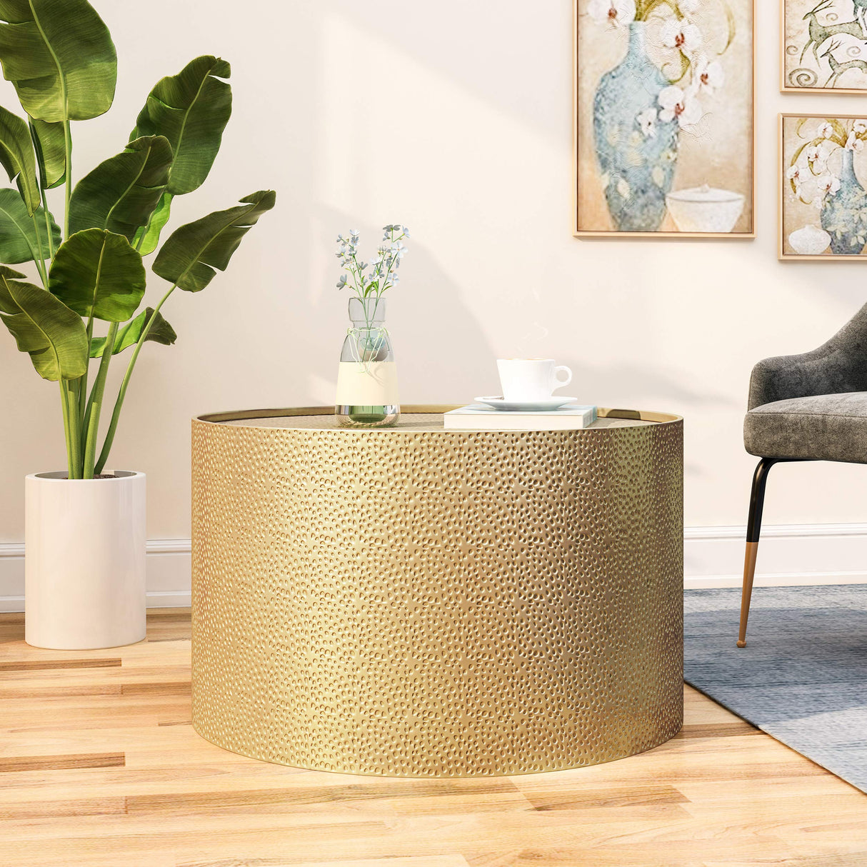 Christopher Knight Home Rache Modern Round Coffee Table with Hammered Iron, Gold, 26. 00” L x 26. 00” W x 17. 00” H Christopher Knight Home