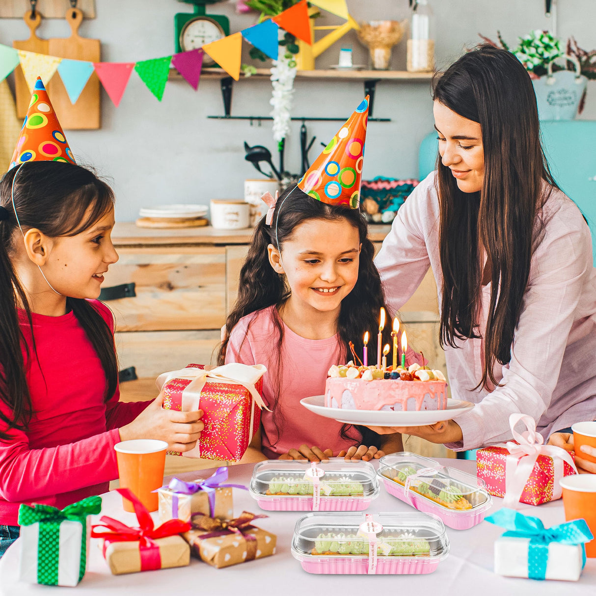 NPLUX 50 PACK Mini Cake Pans with Lids and Spoons,Rectangular Aluminum Foil Bread Pan,Mini Loaf Pans and Food Containers with Lids(Pink,6.8oz) NPLUX
