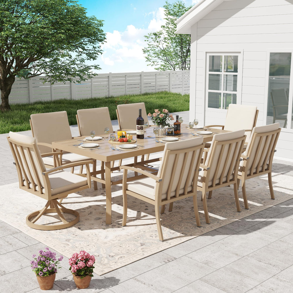 HAPPATIO Aluminum 9 Piece Patio Dining Sets, Outdoor Dining Set for 8, Patio Furniture Sets, 2 Swivel Dining Chairs, 6 Dining Chairs, Aluminum Furniture Set for Patio, Yard (Beige) HAPPATIO