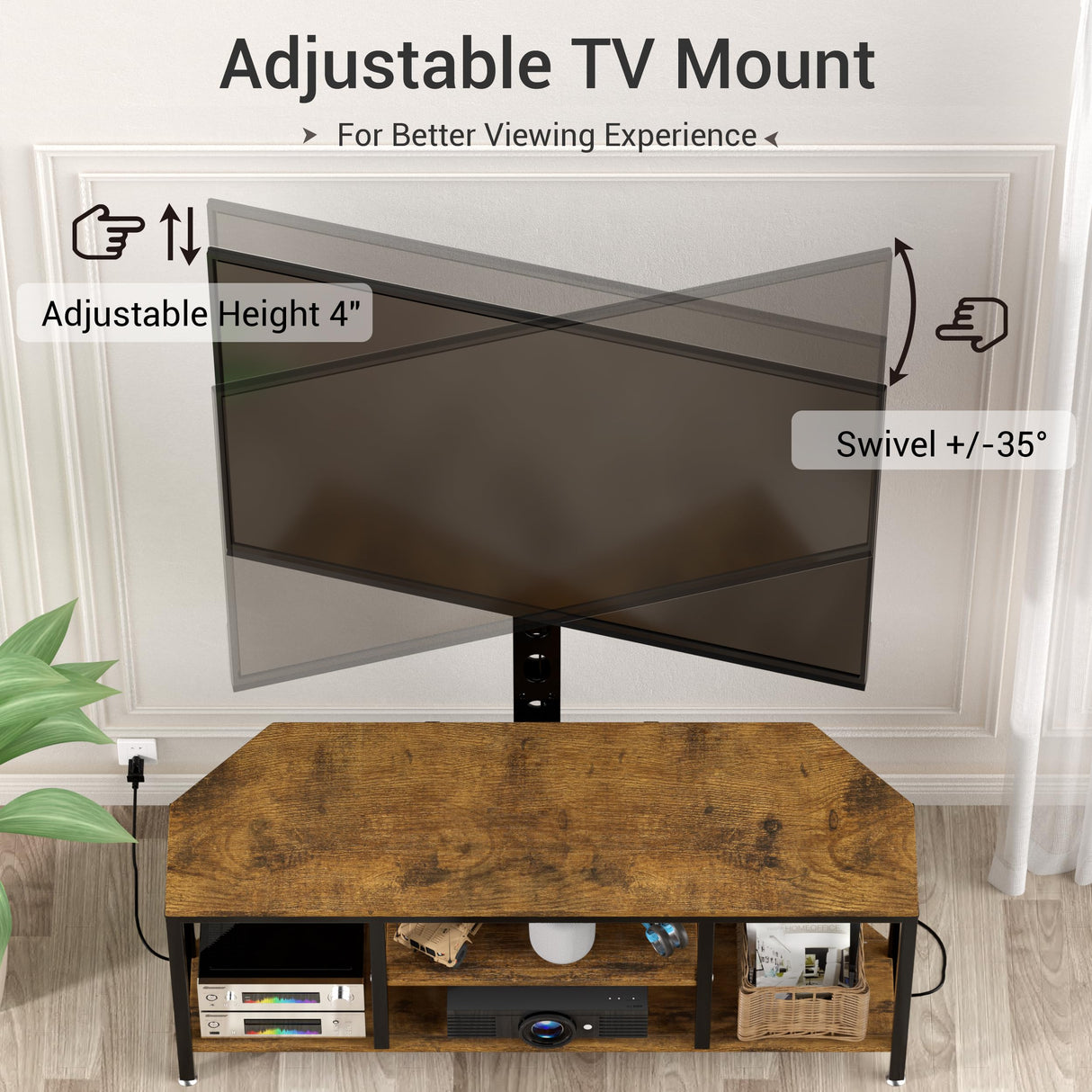 BACEKOLL TV Stand with Mount and LED Light, Corner TV Stand with Storage and Power Outlet, Swivel Television Stand Console for TV Up to 60", Entertainment Center for Living Room, Bedroom, Rustic Brown BACEKOLL