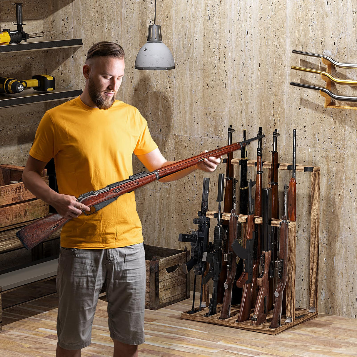 amoard Indoor Gun Racks, Wooden Free Standing Heavy Duty Shotgun Display Rack, Rifle Stand Organizer, 12 Rifles Storage Holder Wood Gun Rack (Carbonized Black) amoard