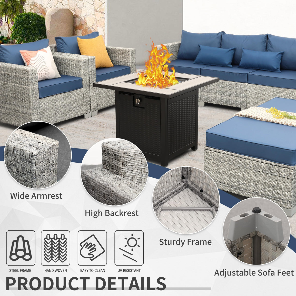 WAROOM Patio Furniture Set 6 Piece Outdoor Patio Set Grey Wicker Balcony Furniture Conversation Sets PE Rattan Couch Sofa with Fire Pit Table, Blue Cushion WAROOM