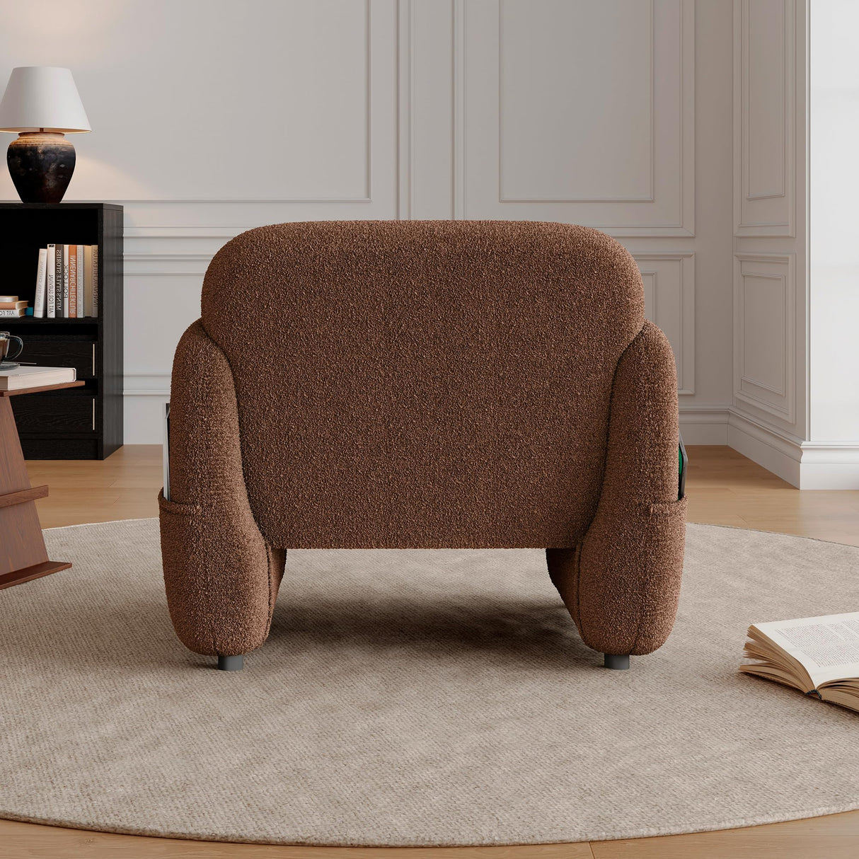 ISHUHL 33.46" Accent Chair, Oversized Sherpa Lamb Fabric Armchair Big Comfy Upholstered Armed Chair Single Sofa Chair with Waist Pillow for Bedroom, Living Room (Dark Brown) ISHUHL