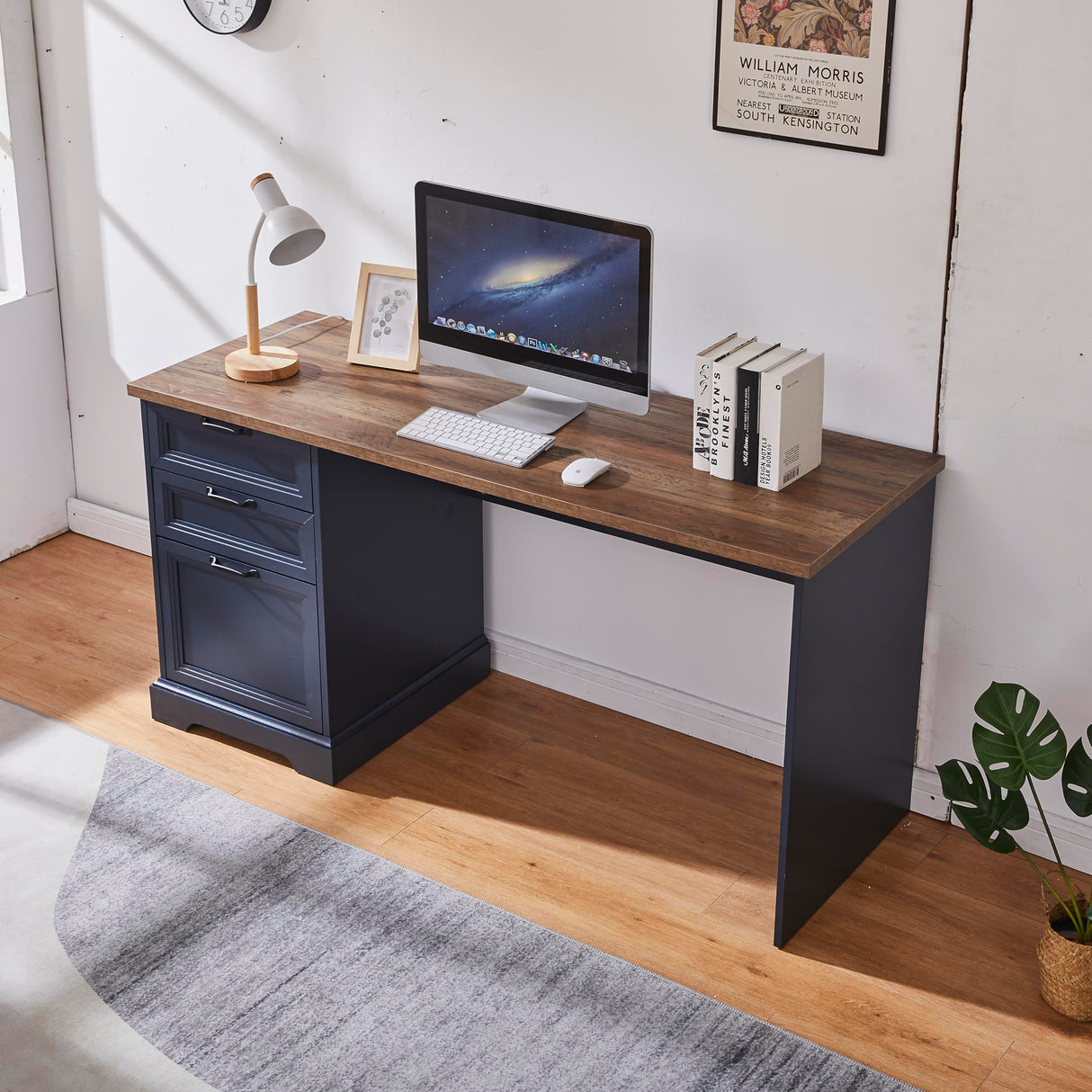 boknight 60" Farmhouse Executive Desk with Charging Station,Home Office Desk with 2 Drawers &1 File Cabinet,Wood Work Desk for Office and Home (Blue) boknight