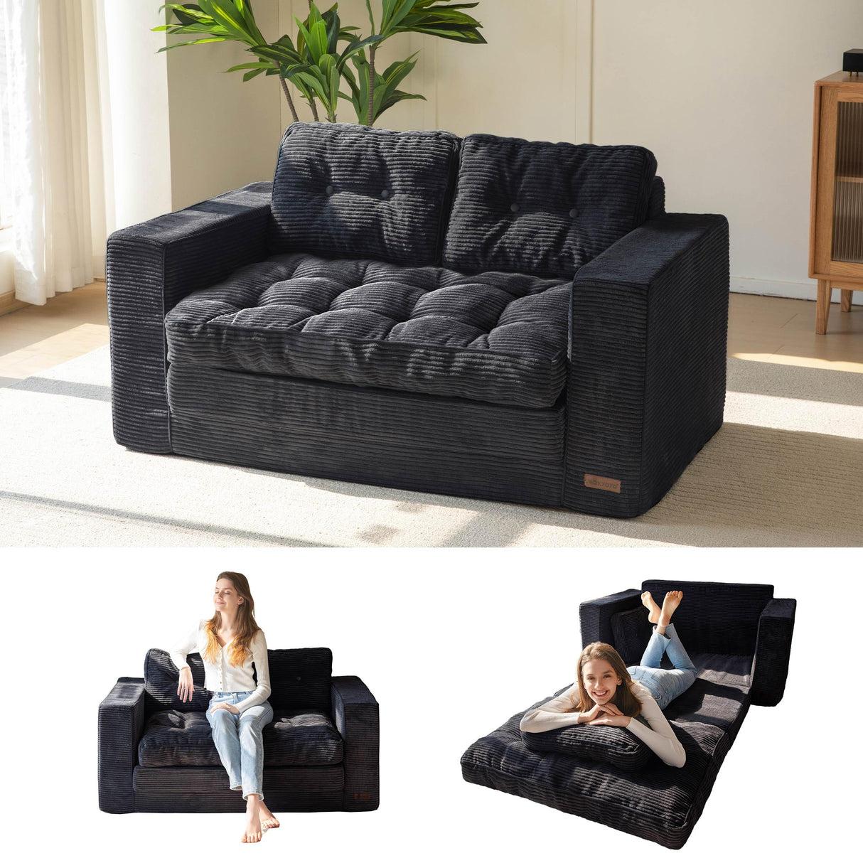 MAXYOYO Convertible Sofa Bed, Pull Out Loveseat Sleeper Sofa, 2 in 1 Folding Couch Bed, Fold Out Floor Couch with Pillows for Living Room Bedroom Lounge, Black MAXYOYO