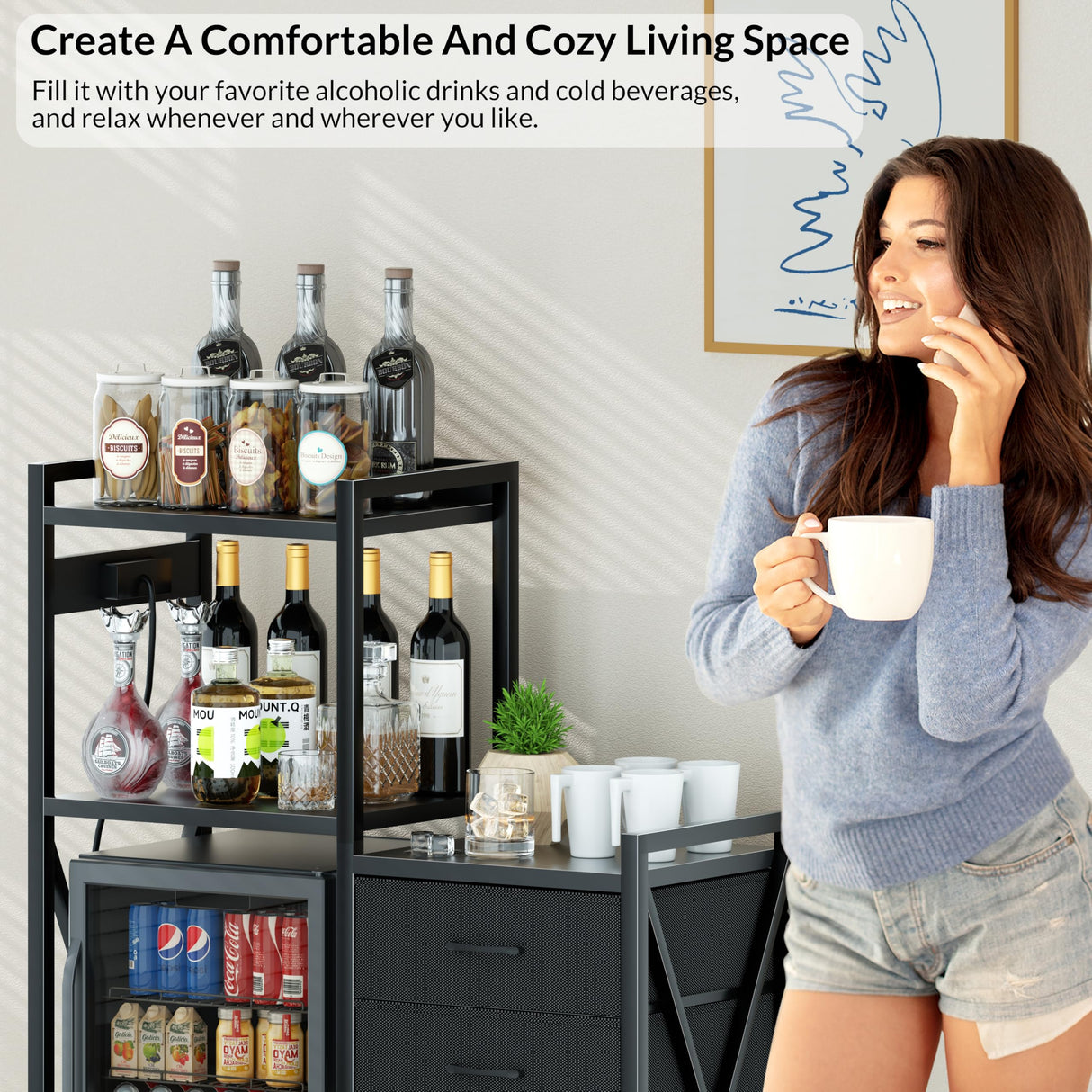 Unihouse Bakers Rack With Power Outlets,Fridge Stand With Storage Shelves And Drawers,Bakers Rack For Kitchen/Office/Study,Microwave Stand For Beans, Spices, Seasoning, Beverages,Wine Glasses,Black Unihouse