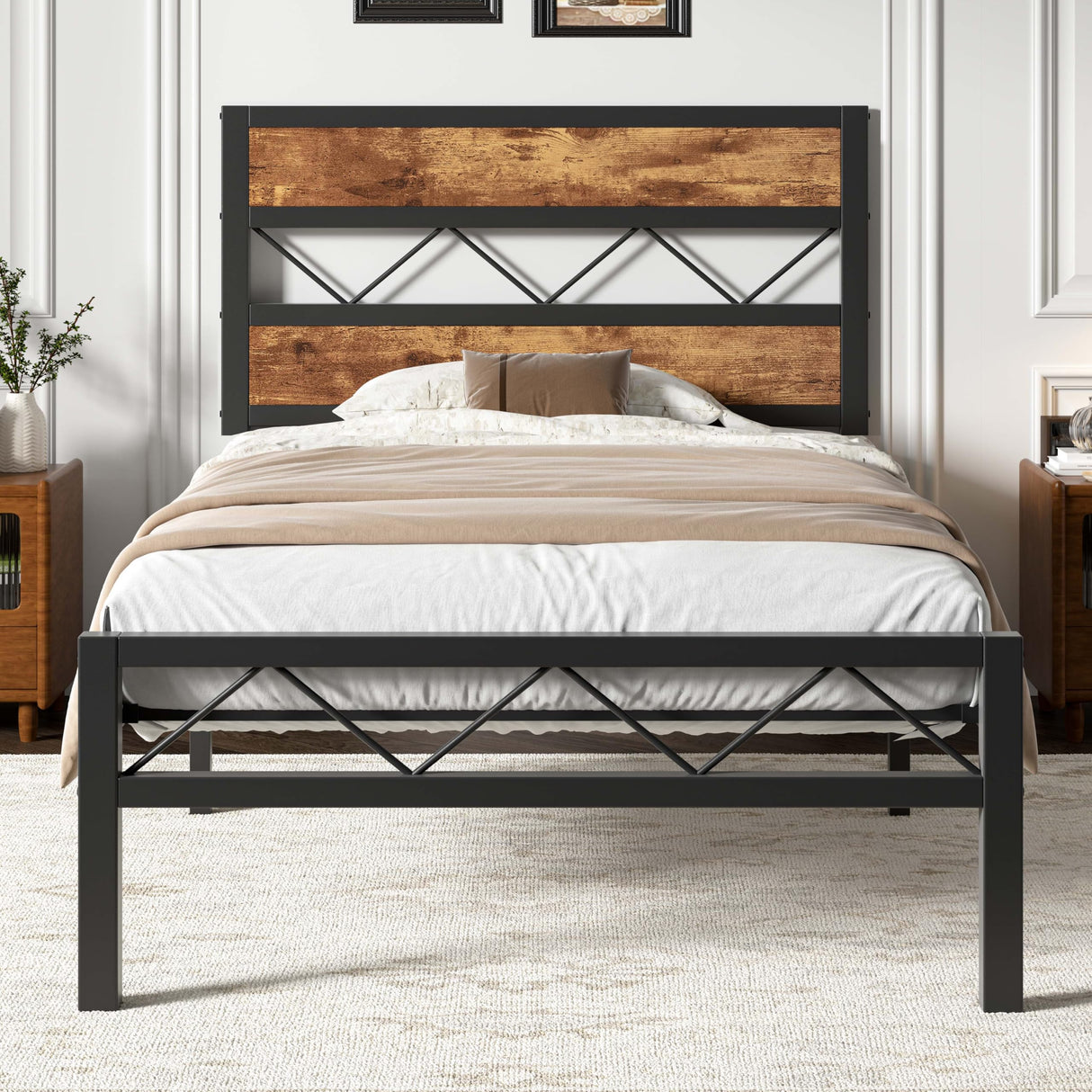VECELO Twin Size Bed Frame with Headboard, Heavy-Duty Platform Bedframe with Metal Slats Support, No Box Spring Needed, Easy Assembly, Black & Brown VECELO