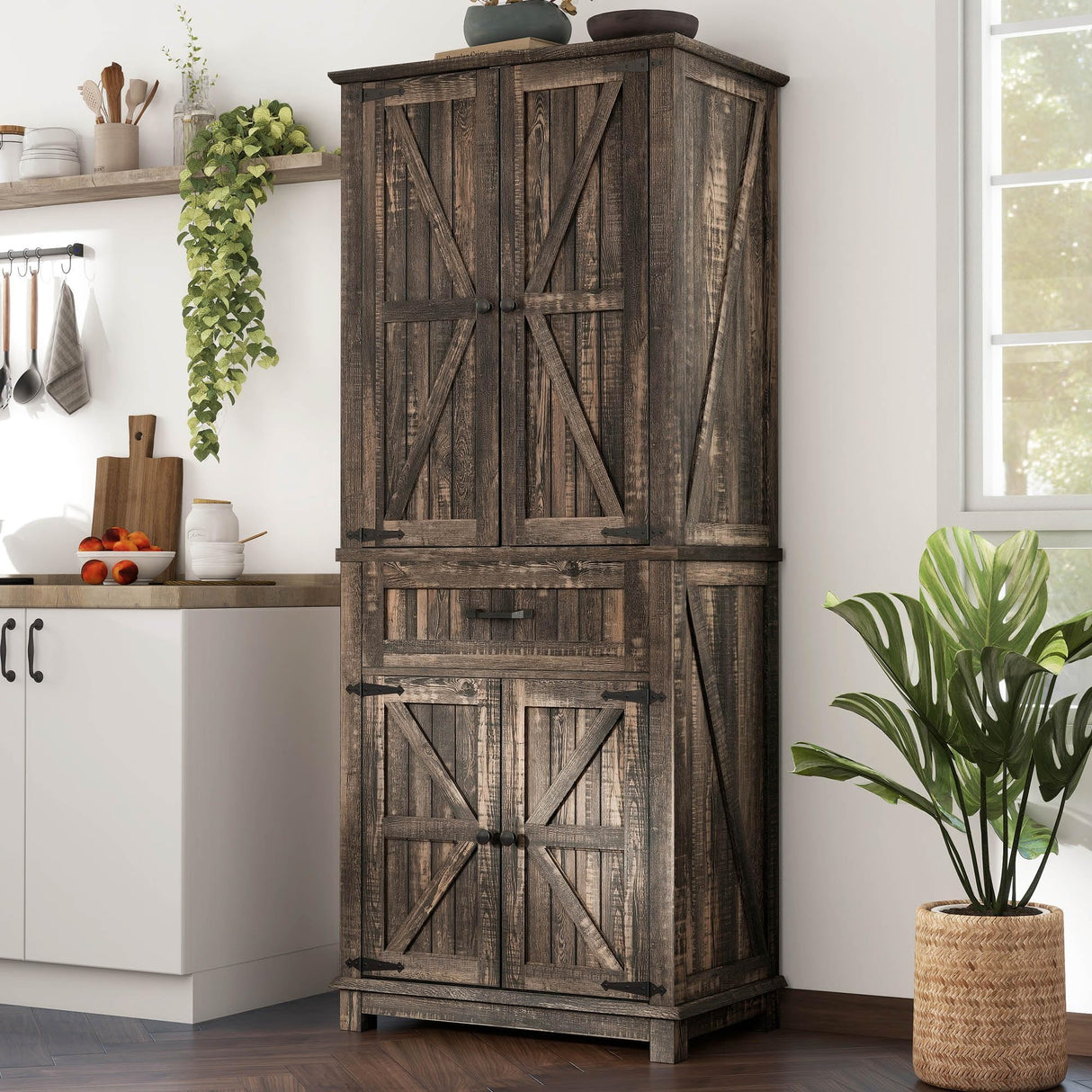 DWVO 72" Tall Farmhouse Pantry Cabinet, Kitchen Storage Pantry with Barn Doors & Drawer, Versatile Organizer with Adjustable Shelves, Rustic Cupboard for Dining Room, Living Room, Dark Rustic Oak DWVO
