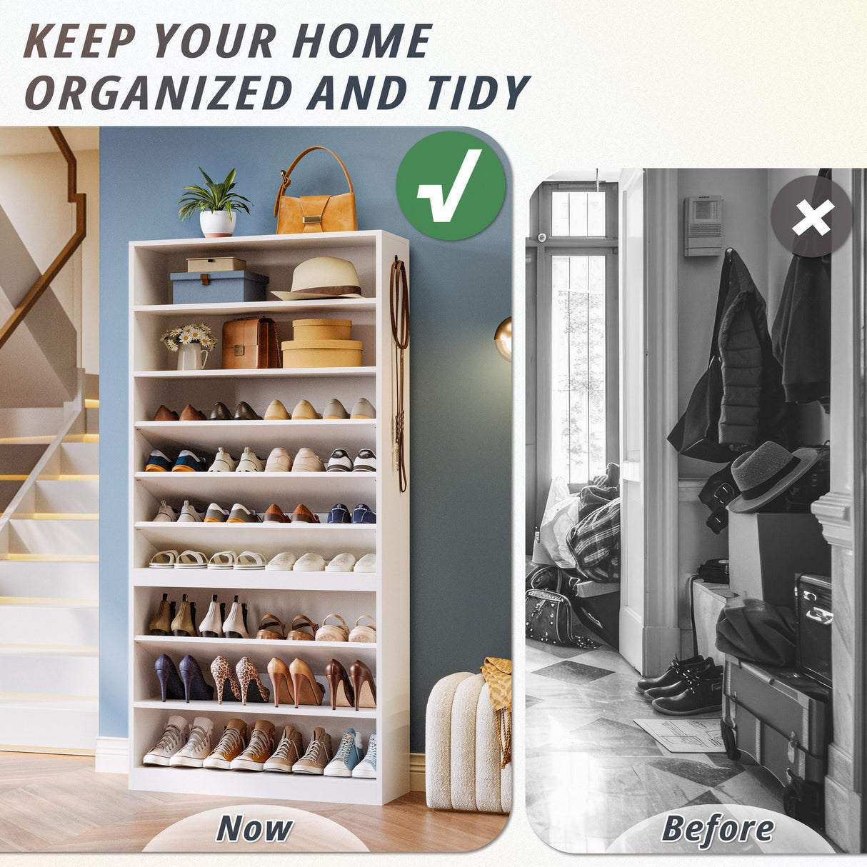 IRONCK Shoe Storage Cabinet, 10-Tier Shoe Organizer for Closet Entryway, Wooden Shoe Rack Holds 36 to 52 Pairs, Adjustable Shelves & Hook, Entryway Furniture Shoe Cabinet IRONCK