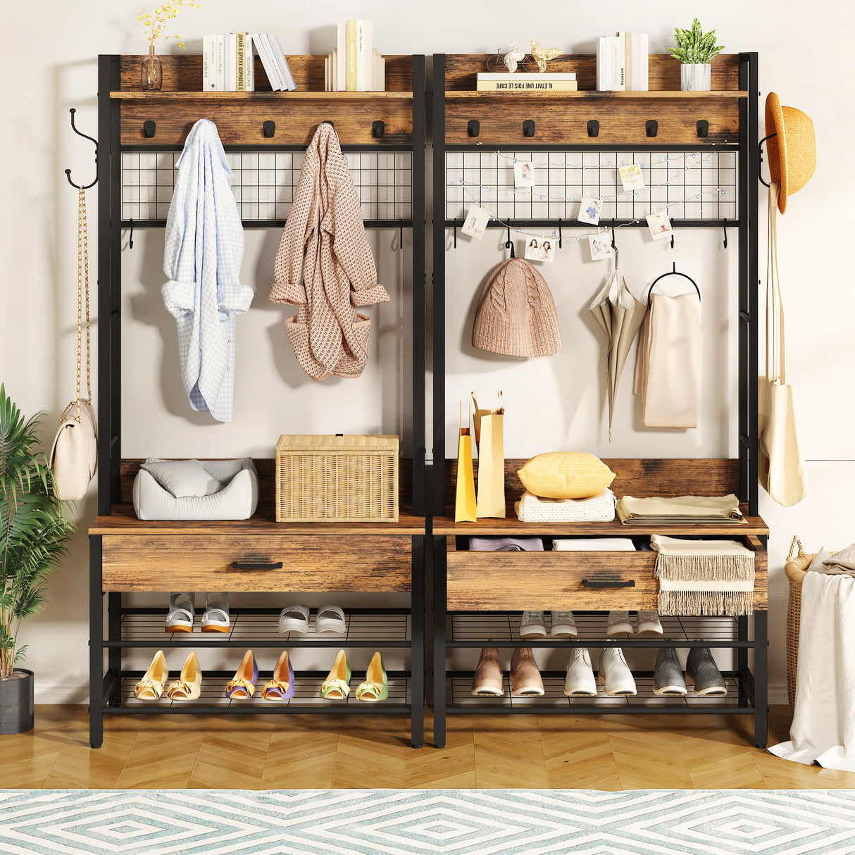 DKLGG Hall Tree with Bench and Shoe Storage for Entryway, 5-in-1 Coat Rack with Shoe Storage, Wood Look Accent Shoe and Coat Rack, Farmhouse Hall Tree with 12 Hooks for Mudroom, Bedroom, Living Room DKLGG