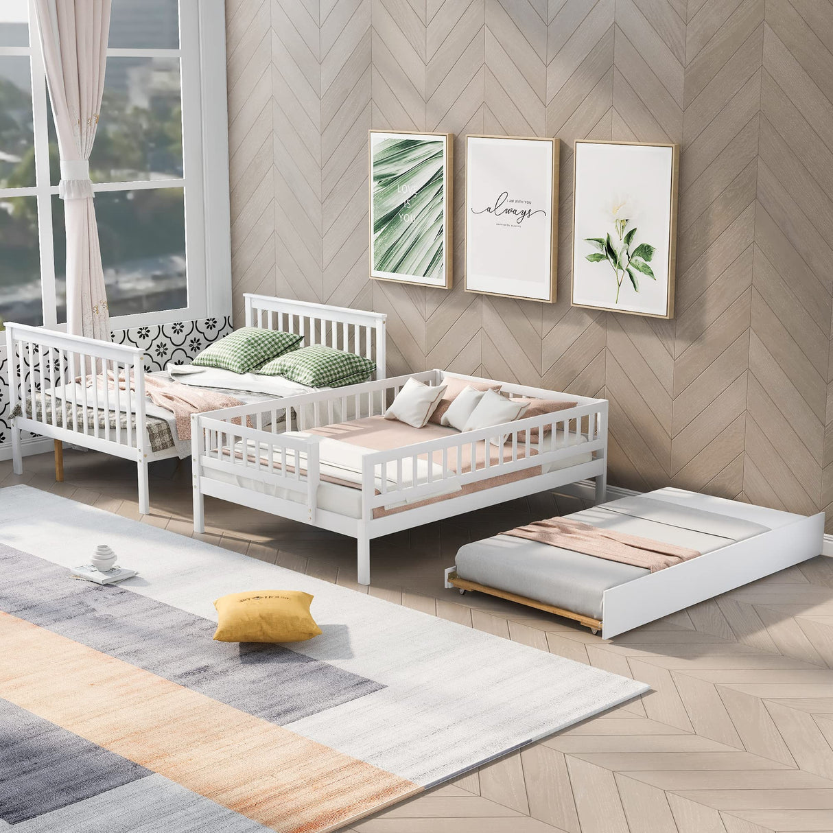Harper & Bright Designs Full Over Full Bunk Bed with Trundle, Wooden Bunk Bed with Staircase, for Kids Teens Adults (White) Harper & Bright Designs