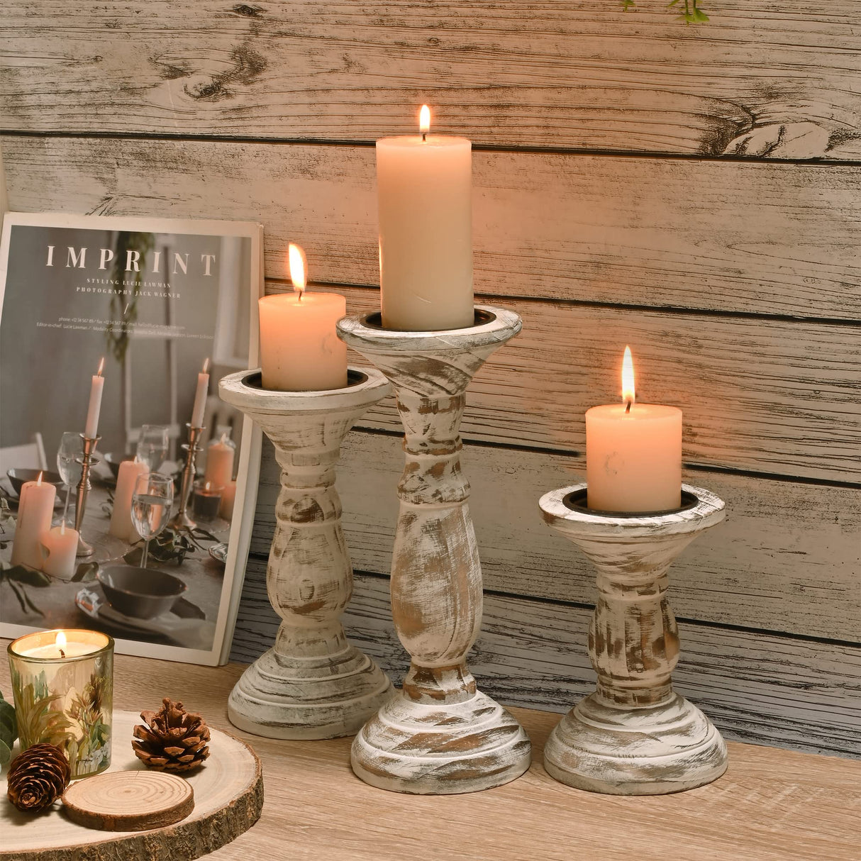Yorkmills Pillar Candle Holder Set of 3, Farmhouse Decor Living Room Tall Candle Holders for Pillar Candles, Wood Candle Holders for Table Centerpieces White Home Decor Kitchen Dining Room Table Decor Yorkmills
