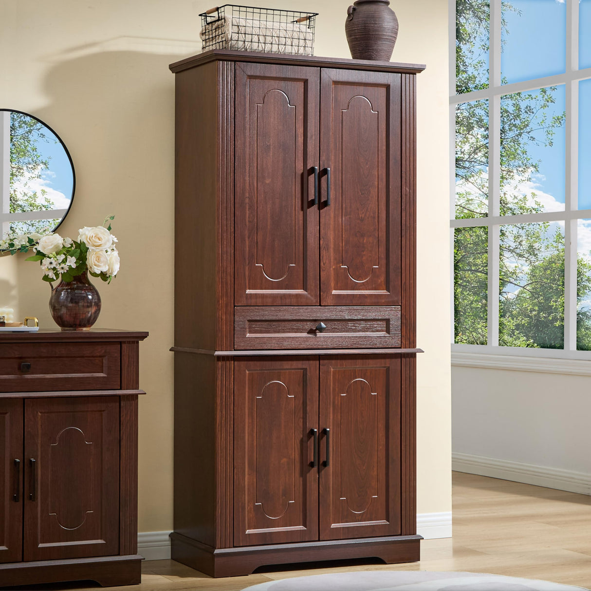 71" Tall Pantry Cabinet with Drawer and Adjustable Shelves, Modern Storage Cabinet with Doors, Kitchen Buffet Cabinet, Food Pantry Storage Cabinet, Coffee Bar, Living Room and Dining Room Cherry LIDYUK