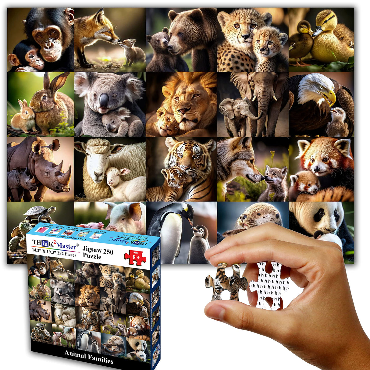 Think2Master Animal Families 250 Pieces Jigsaw Puzzle Featuring heartwarming Parent and Child Pairs. Fun Toy for Kids, School & Families. Great Gift for Boys & Girls Ages 8+. Size: 14.2” X 19.3” THINK2MASTER
