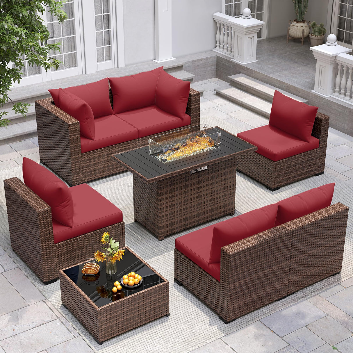 UDPATIO Outdoor Patio Furniture Set with Fire Pit Table, 8 Piece Outdoor Sectional Sofas, All-Weather Wicker Patio Conversation Set for Garden, Backyard Wine UDPATIO