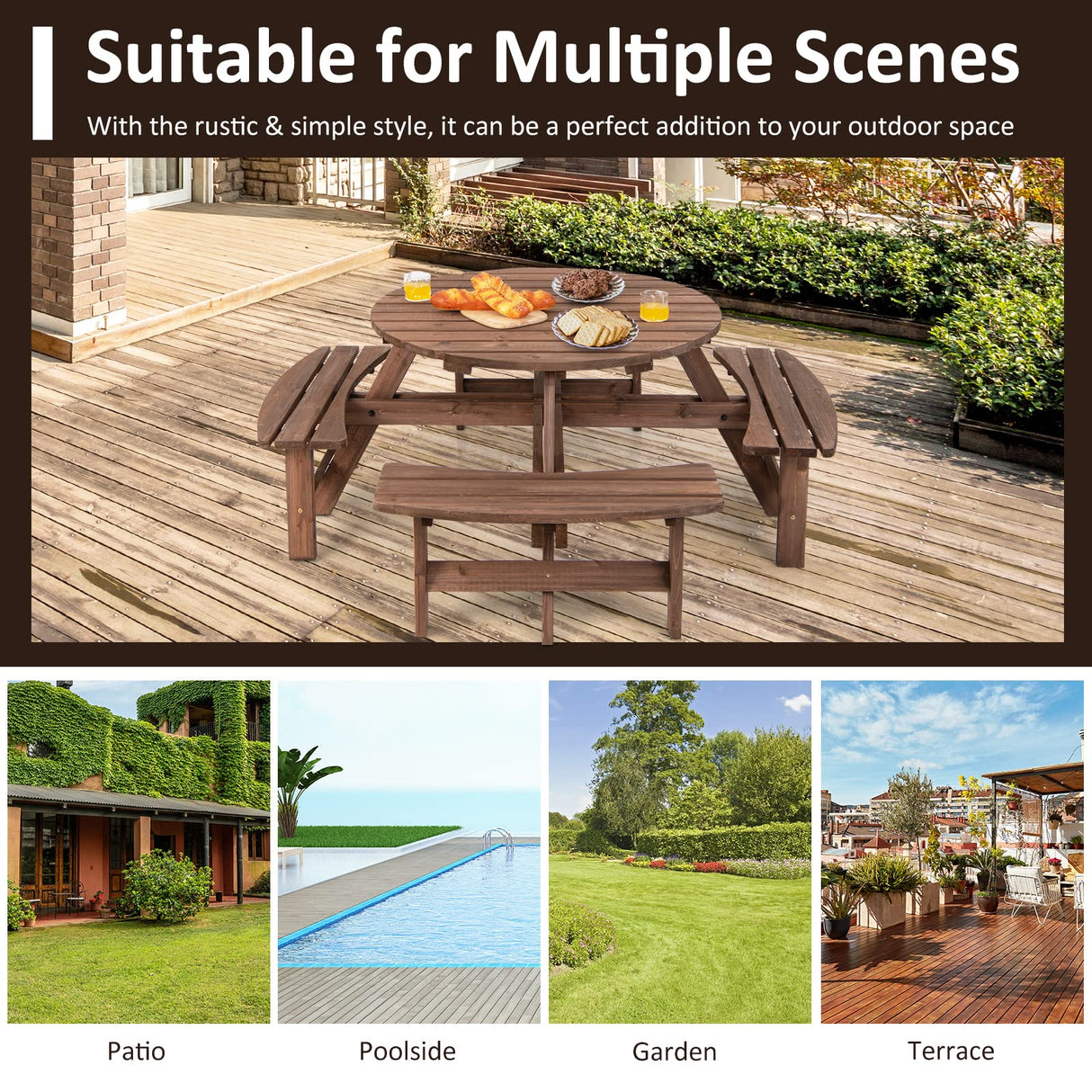 Tangkula 8 Person Wood Picnic Table, Outdoor Round Picnic Table with 4 Built-in Benches, Umbrella Hole, Outside Table and Bench Set for Garden, Backyard, Porch, Patio, 500lbs Capacity Per Bench Tangkula