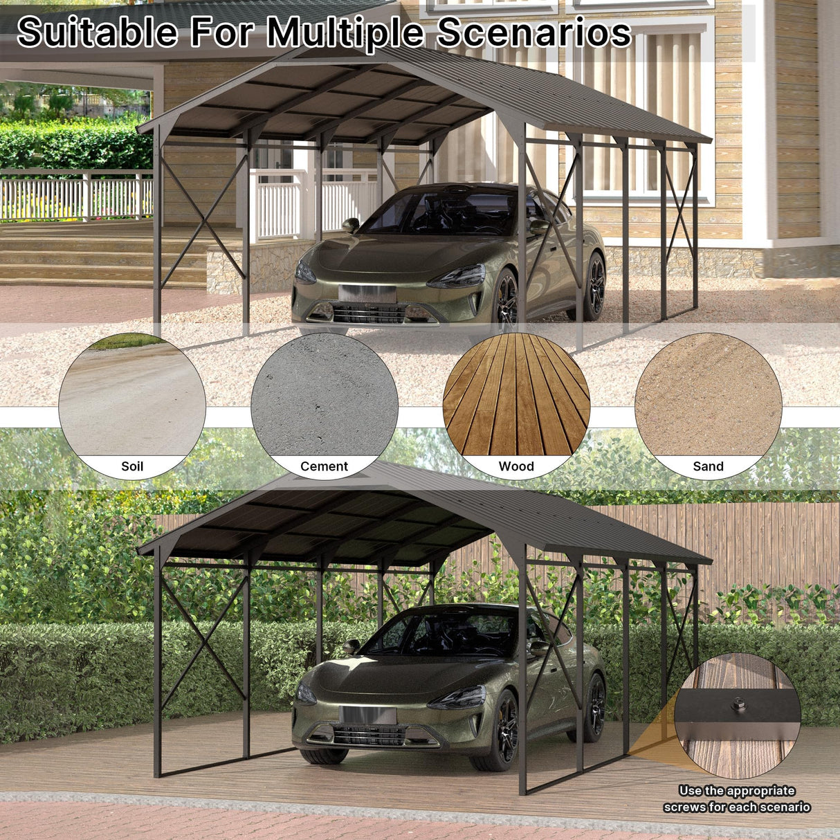 Gotland 12FT x 22FT Heavy Duty Metal Carport, Outdoor Garage Car Shelter with Reinforced Steel Frame, Galvanized Metal Roof, Weather-Resistant Canopy for Cars (Black) Gotland