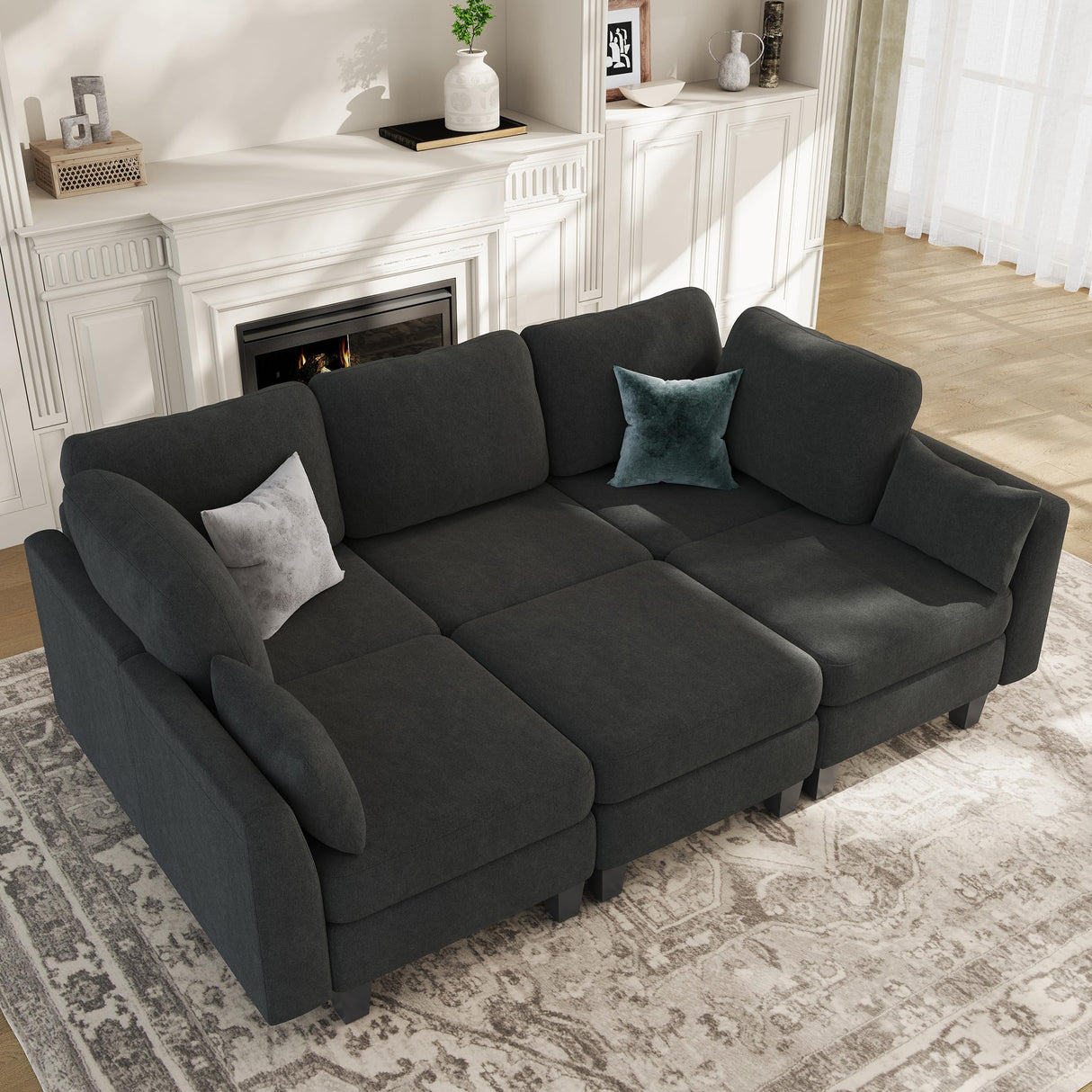 Dowiean Sectional Sleeper Sofa, 6 Seaters Modular Sleeper Sofa Couch, Comfy Sectionals Couches Bed, Convertible Sofas with Ottomans, Modular Sectional Couches for Living Room, Dark Grey Dowiean