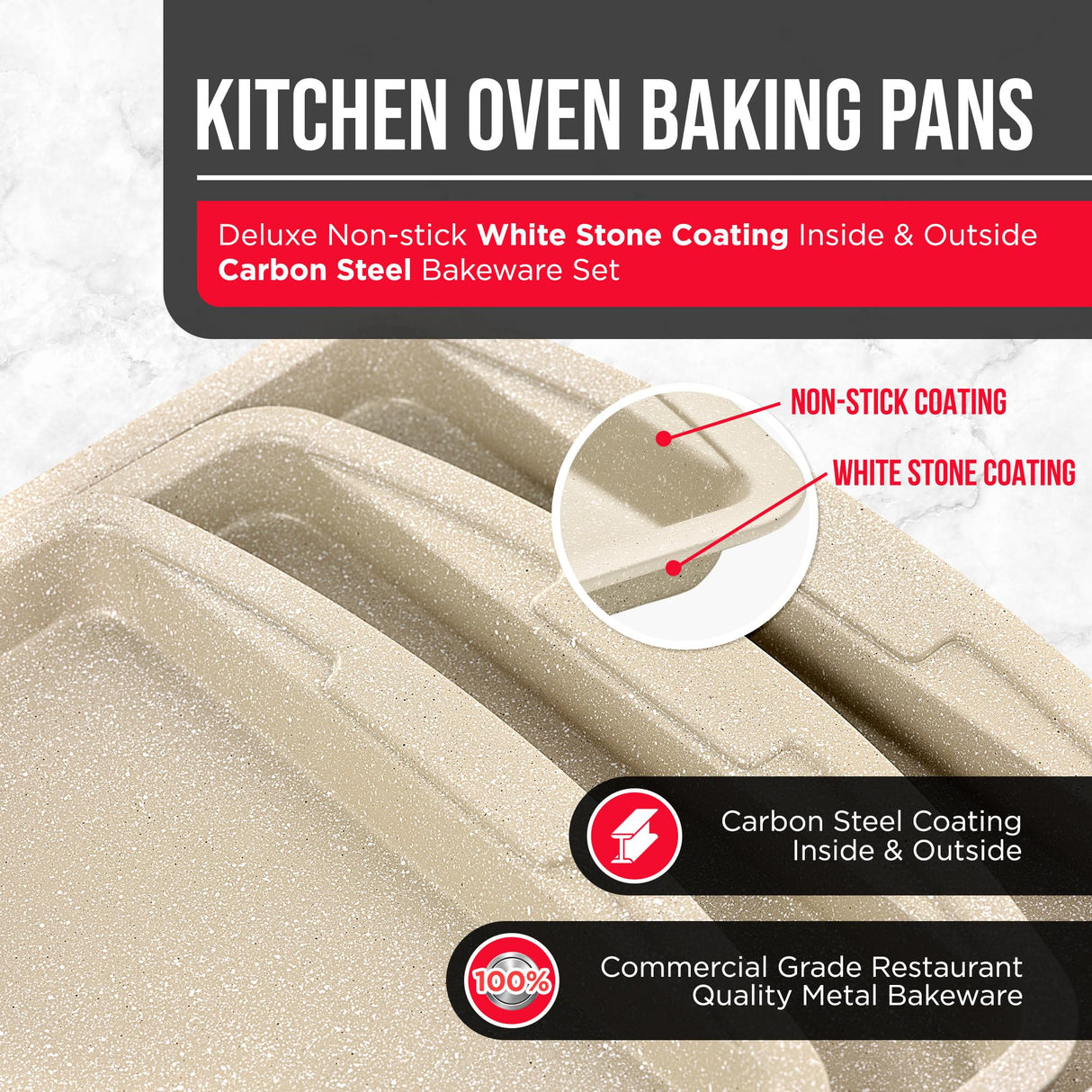 Bakken Swiss Cookie Sheet 3 Piece Set - Non-Stick, Stackable Baking Pans, White marble Deluxe Ceramic Coating – Dishwasher Safe - for Home Baking Bakken- Swiss