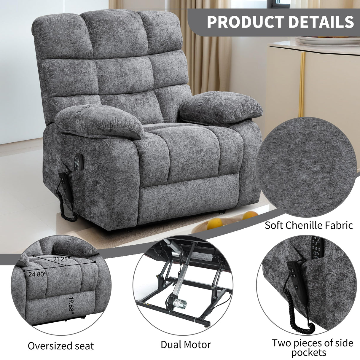 EZZUP Power Lift Recliner Chair for Elderly People, Lay Flat Recliner with Vibration Massage and Lumbar Heating, Lift Chair with Infinite Position and 2 Remote Controls, Chenille Fabric Gray EZZUP