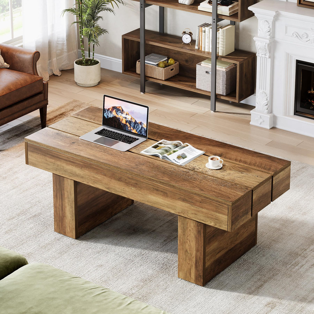 Tribesigns Rectangle Coffee Table, 47.24" Farmhouse Center Table with Slat Tabletop & Thick Base, Rustic Wooden Cocktail Tea Table for Living Room Apartment, Brown Tribesigns