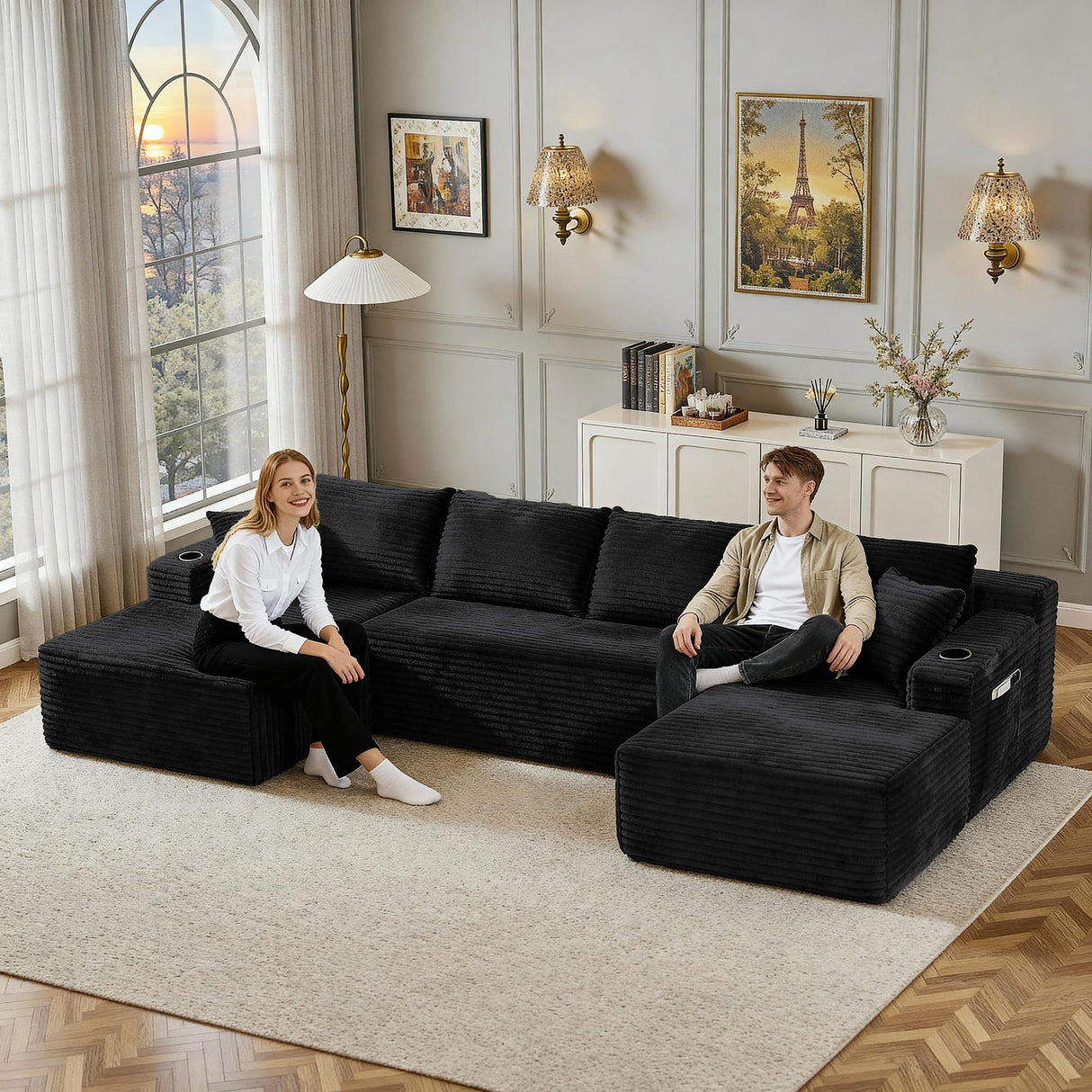 133" Oversized Couches for Living Room Modern Sectional Couch for Living Room Corduroy Boneless Couchs Comfy Cloud Couch Flexible Modular Sectional Sofa (Black, with Cup Holder) KOPSEE