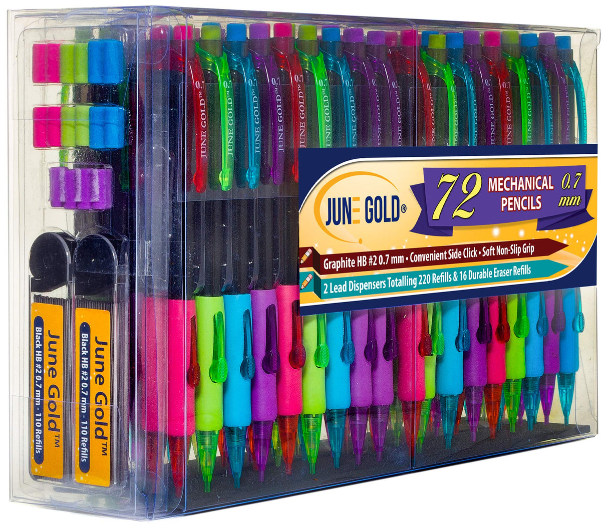 June Gold 72 Mechanical Pencils, 0.7 mm HB Lead, 2 Lead Dispensers with 220 Refills & 16 Erasers, Break Resistant, Convenient Side Click & Soft Non-Slip Grip June Gold